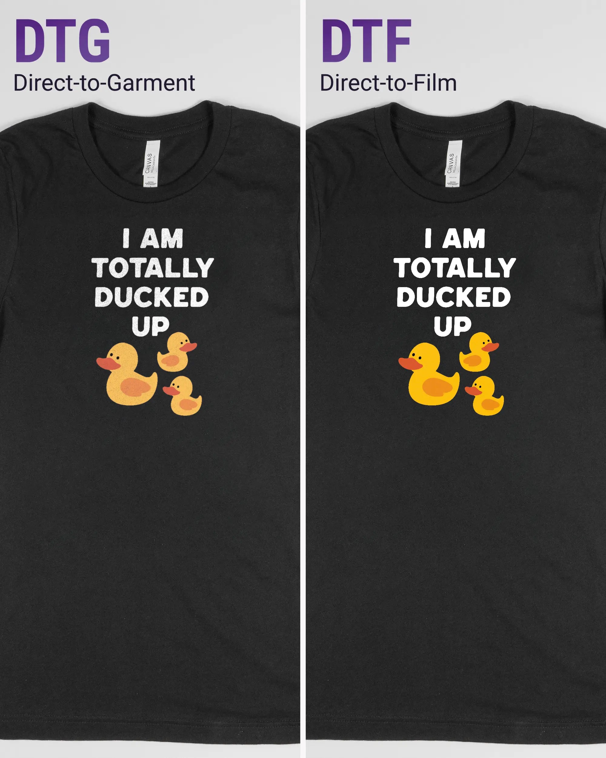 Vergleich der Vorderseiten des Basic Unisex T-Shirt Light von Maondo mit dem Design Ducked Up in der Farbe Black und in der Größe S links mit dem Direct-to-Garment und rechts mit dem Direct-to-Film Verfahren