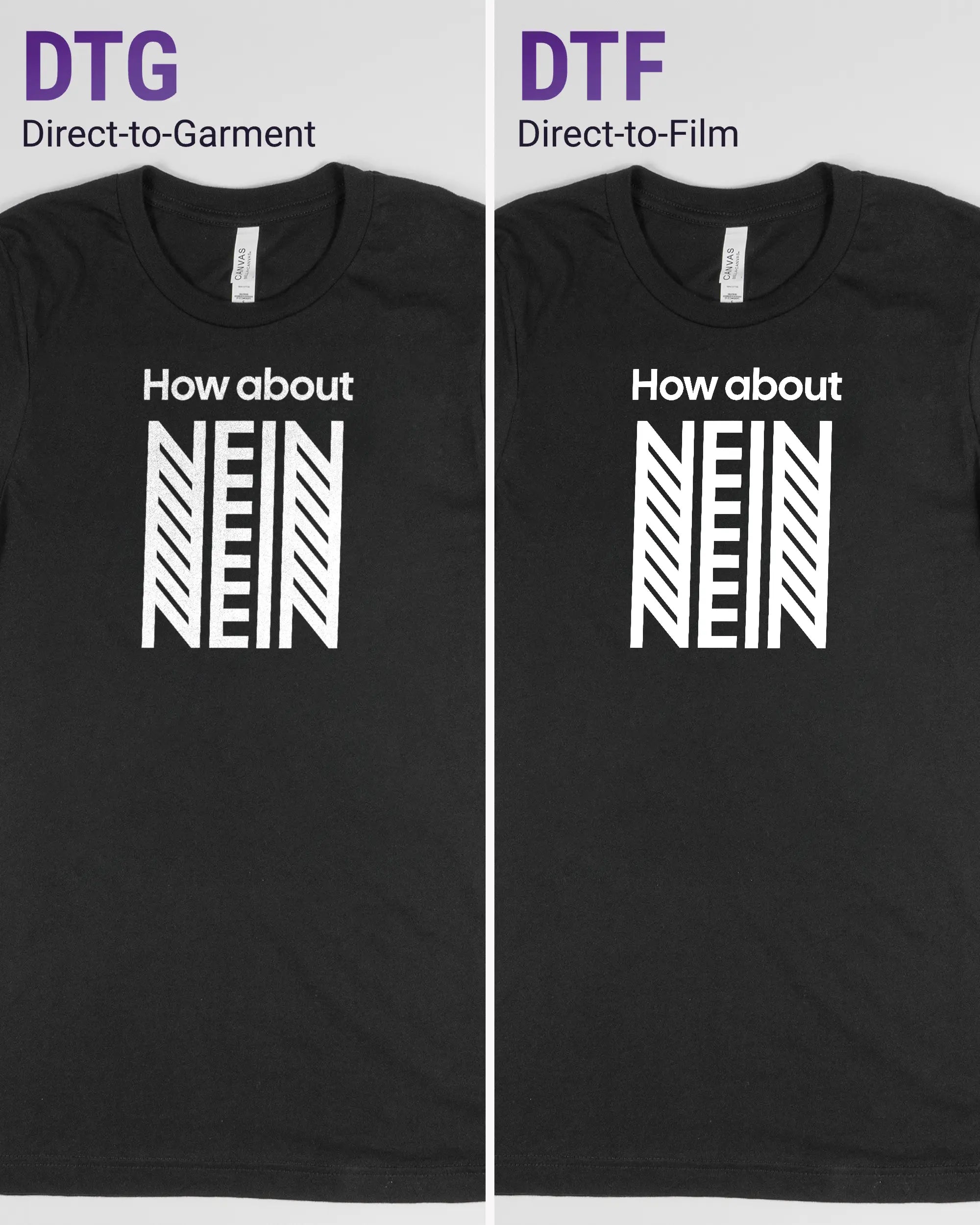 Vergleich der Vorderseiten des Basic Unisex T-Shirt Light von Maondo mit dem Design How about nein in der Farbe Black und in der Größe S links mit dem Direct-to-Garment und rechts mit dem Direct-to-Film Verfahren