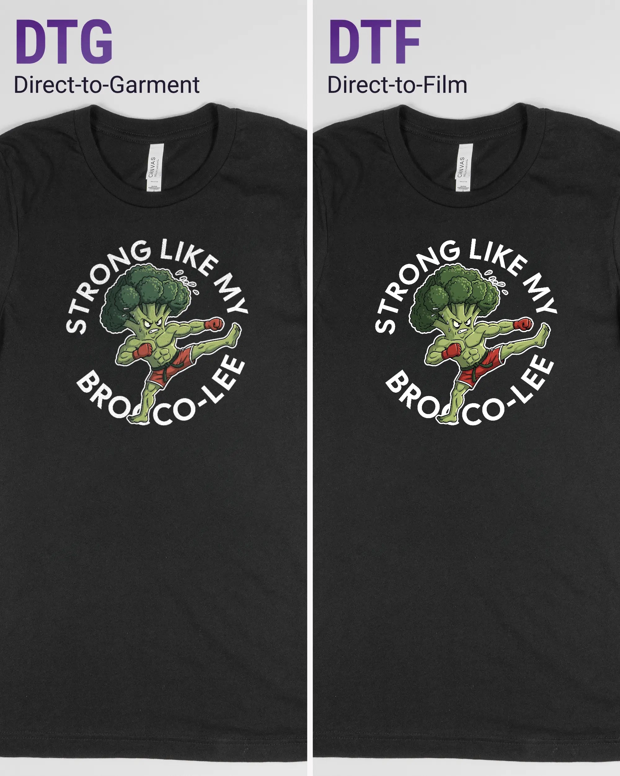 Vergleich der Vorderseiten des Basic Unisex T-Shirt Light von Maondo mit dem Design Brocco-Lee in der Farbe Black und in der Größe S links mit dem Direct-to-Garment und rechts mit dem Direct-to-Film Verfahren