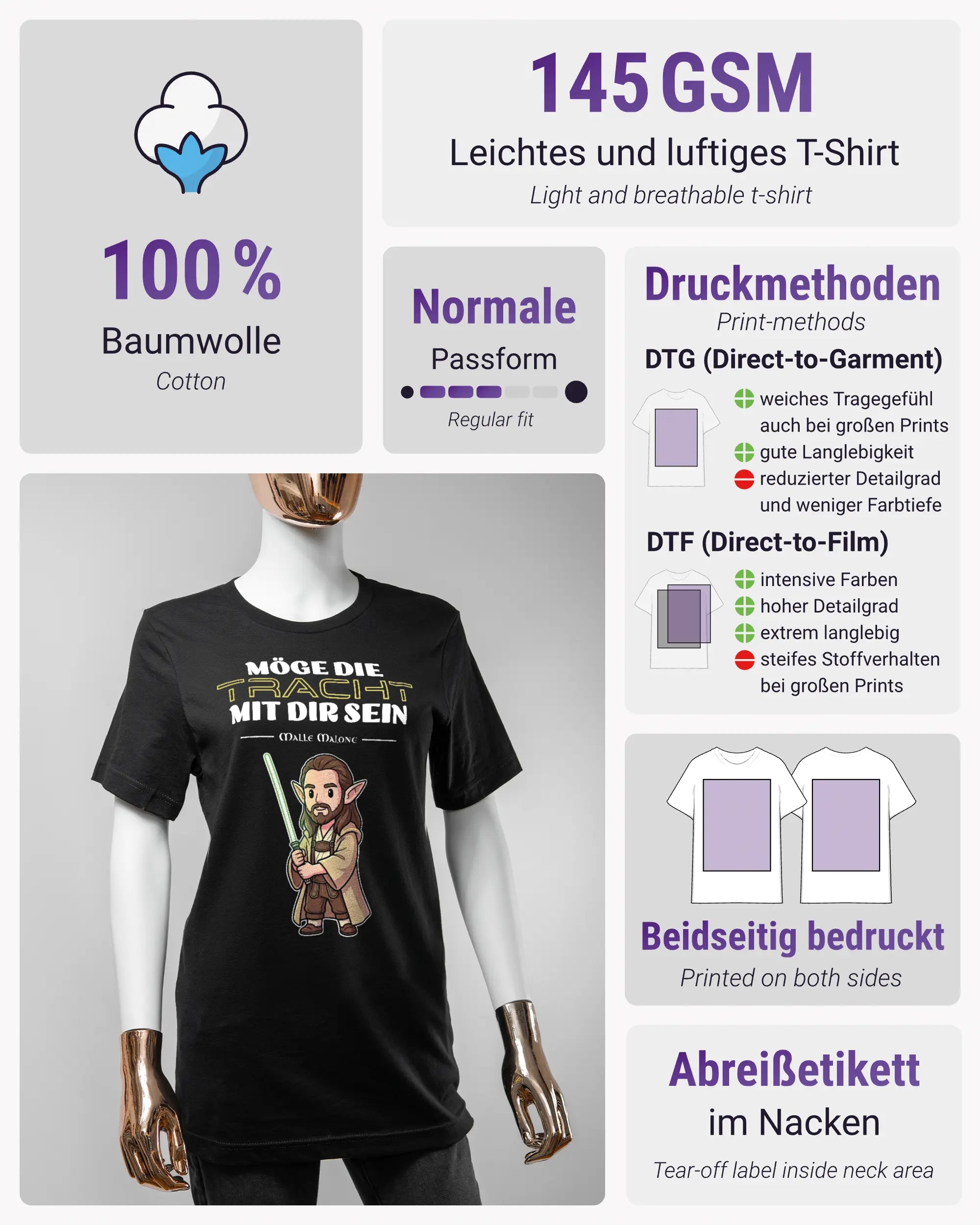 Produktinformationsblatt des Basic Unisex T-Shirt Light von Maondo mit dem Design Tracht mit dir vorne in der Farbe Black und in der Größe S