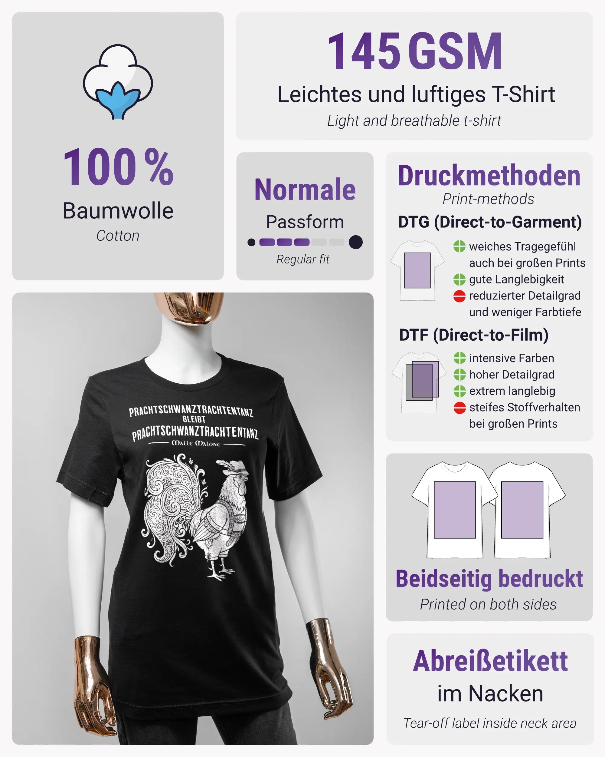 Produktinformationsblatt des Basic Unisex T-Shirt Light von Maondo mit dem Design Trachtentanz vorne in der Farbe Black und in der Größe S