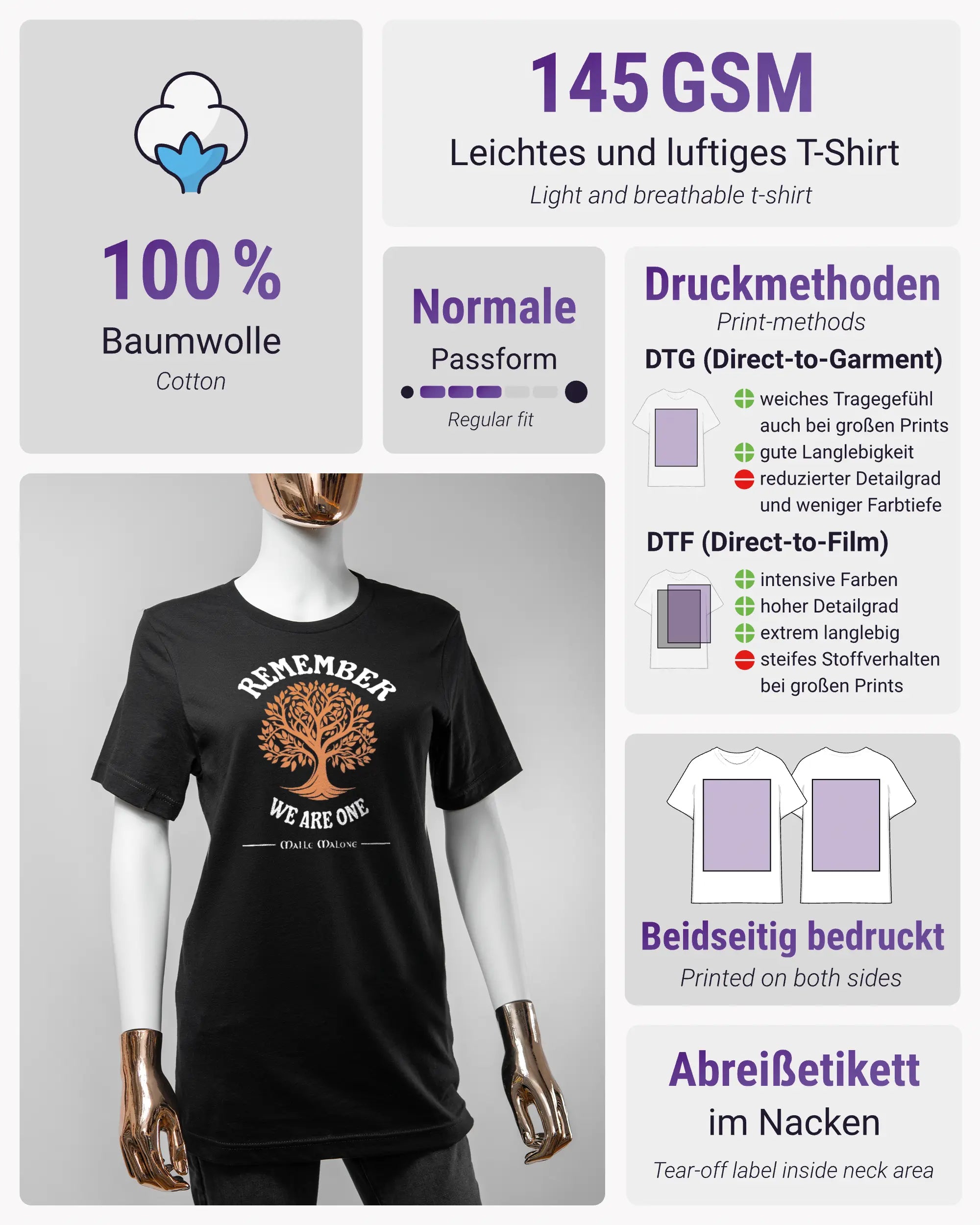 Produktinformationsblatt des Basic Unisex T-Shirt Light von Maondo mit dem Design We are one vorne in der Farbe Black und in der Größe S