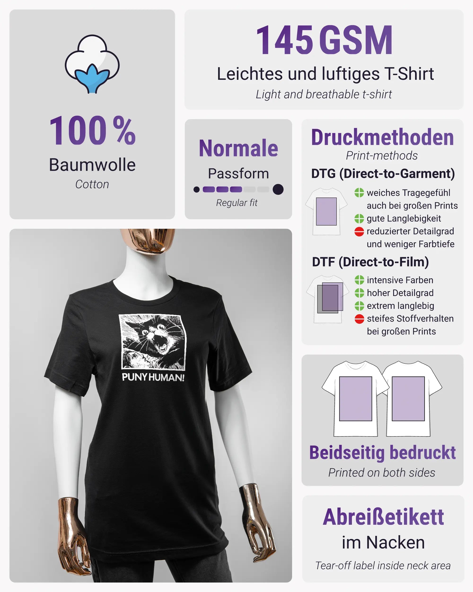 Produktinformationsblatt des Basic Unisex T-Shirt Light von Maondo mit dem Design Puny Human vorne in der Farbe Black und in der Größe S