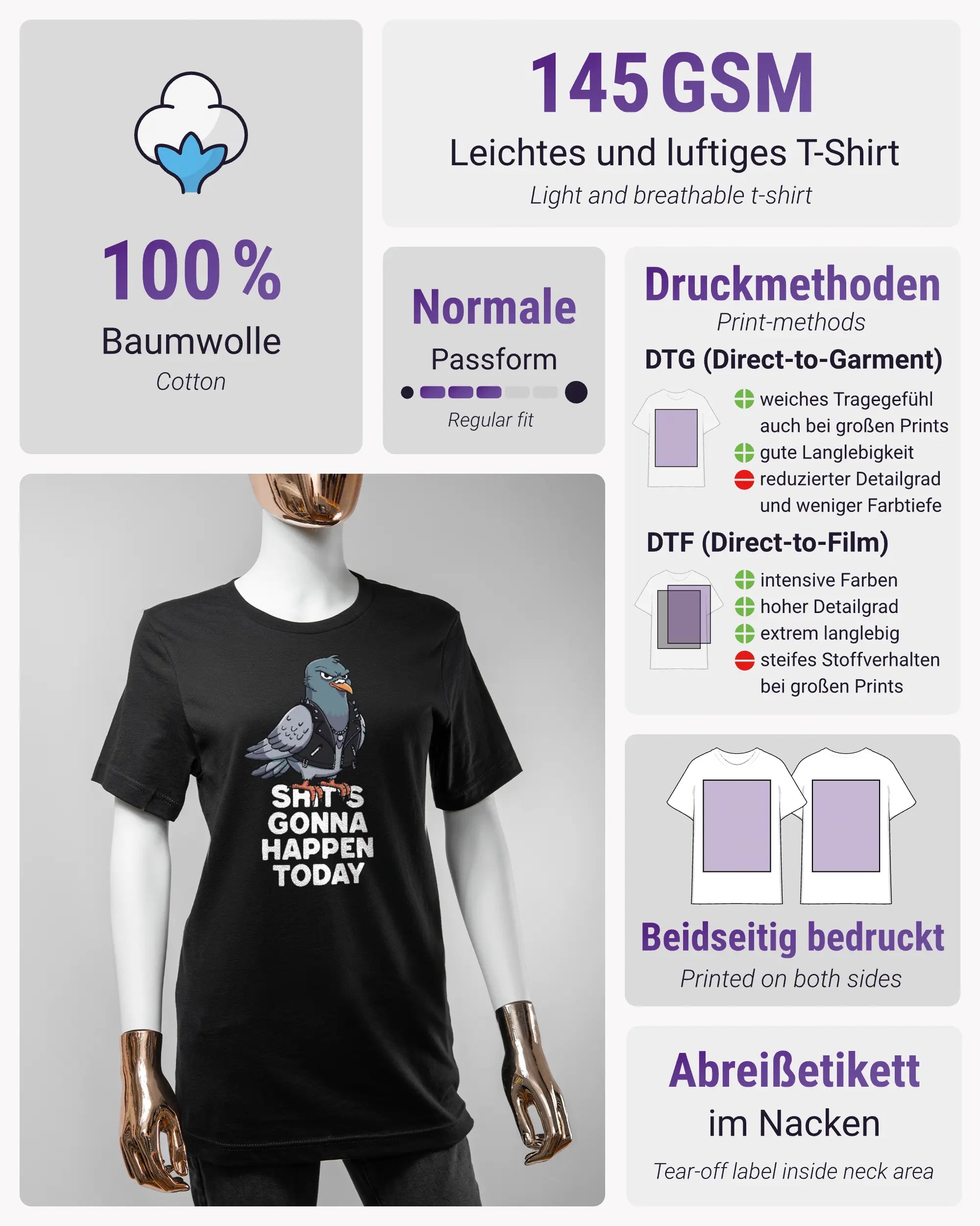 Produktinformationsblatt des Basic Unisex T-Shirt Light von Maondo mit dem Design Pigeon Pun vorne in der Farbe Black und in der Größe S