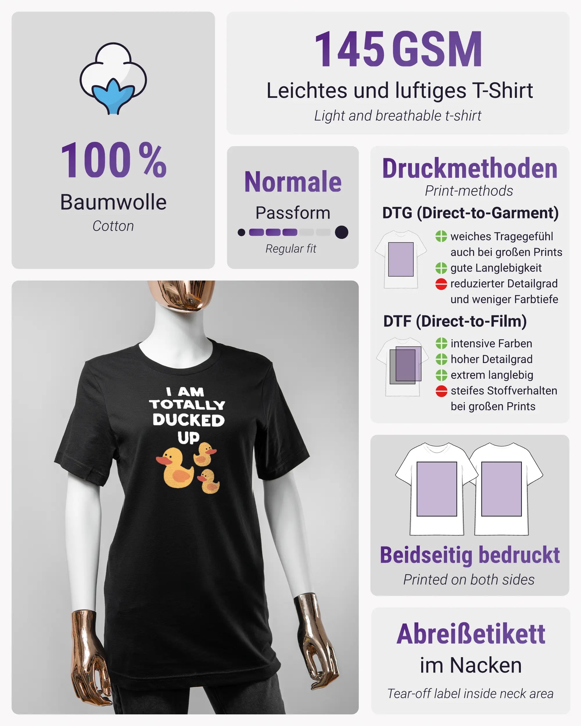 Produktinformationsblatt des Basic Unisex T-Shirt Light von Maondo mit dem Design Ducked Up vorne in der Farbe Black und in der Größe S