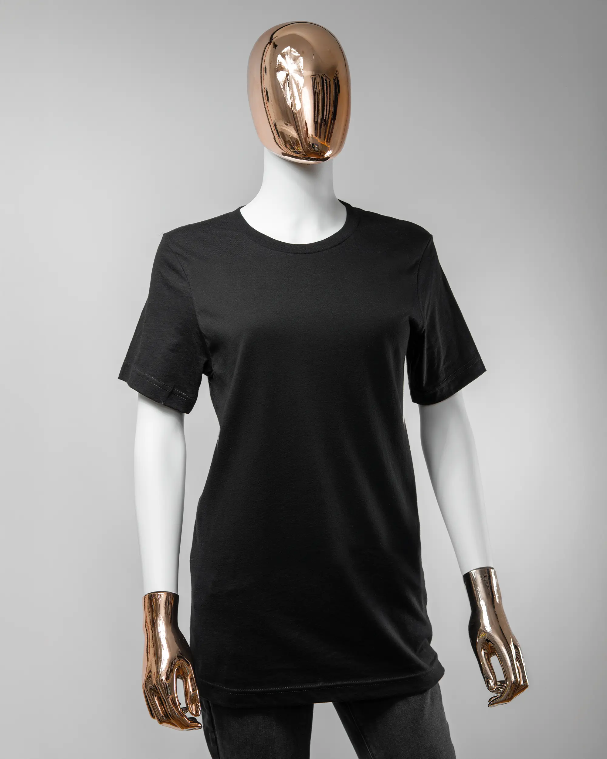 Vorderseite des Basic Unisex T-Shirt Light von Maondo ohne Motiv in der Farbe Black und in der Größe S getragen von einer femininen Puppe