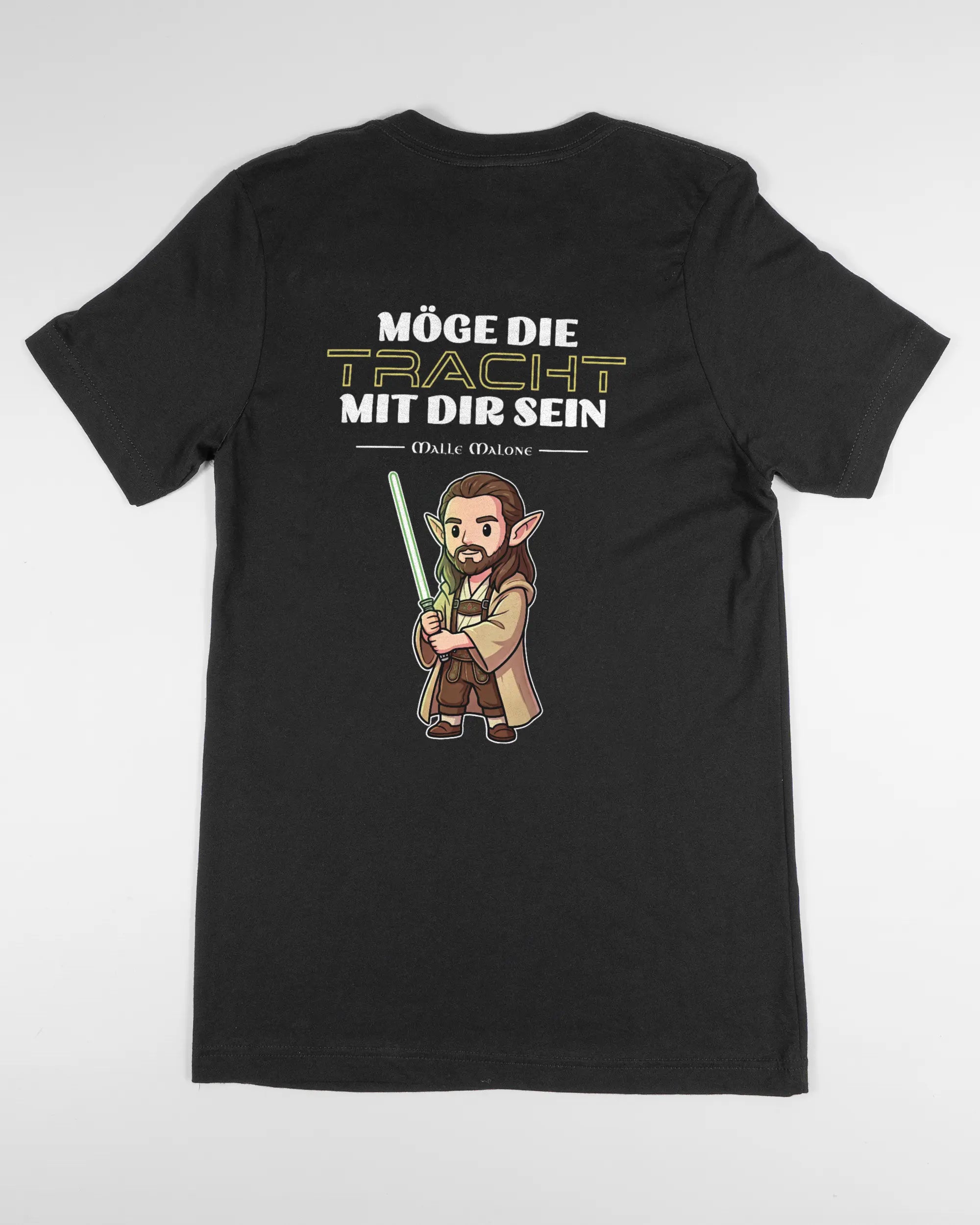 Rückseite des Basic Unisex T-Shirt Light von Maondo mit dem Design Tracht mit dir in der Farbe Black und in der Größe S flach auf den Boden gelegt