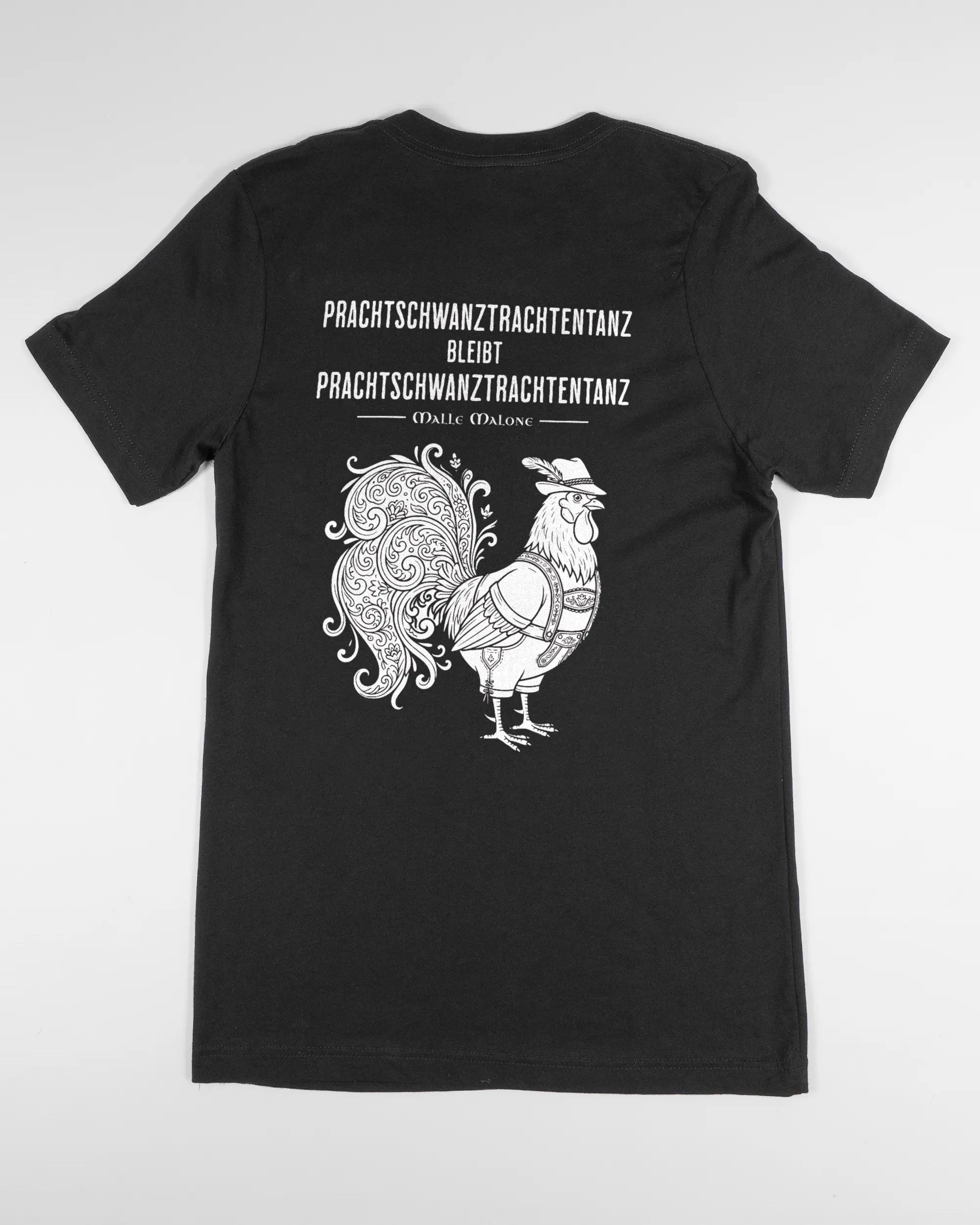 Rückseite des Basic Unisex T-Shirt Light von Maondo mit dem Design Trachtentanz in der Farbe Black und in der Größe S flach auf den Boden gelegt