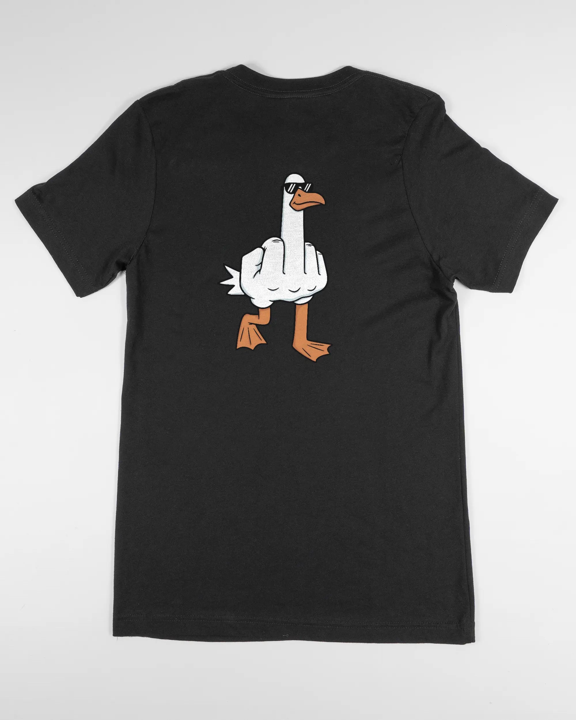Rückseite des Basic Unisex T-Shirt Light von Maondo mit dem Design I give a duck in der Farbe Black und in der Größe S flach auf den Boden gelegt