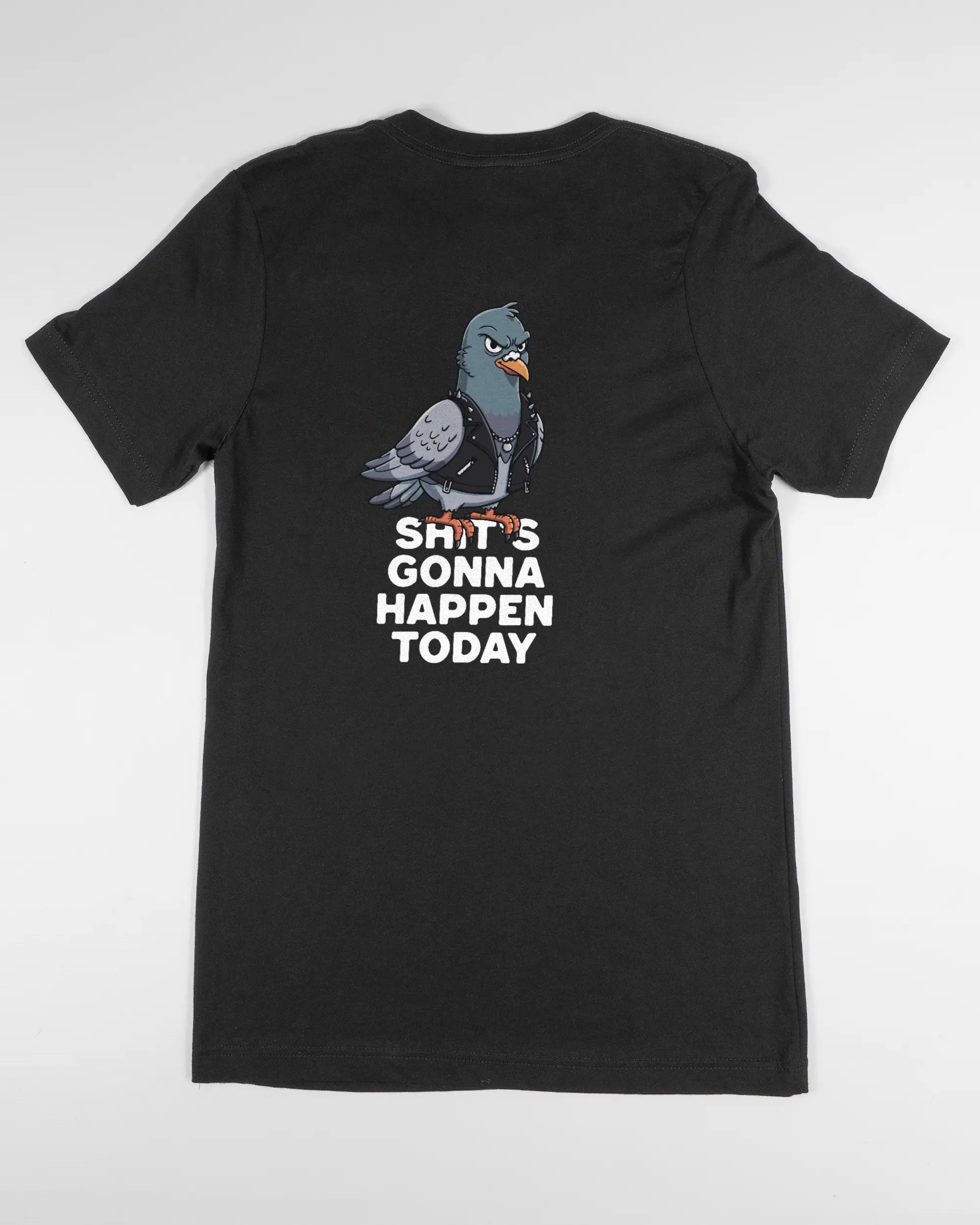 Rückseite des Basic Unisex T-Shirt Light von Maondo mit dem Design Pigeon Pun in der Farbe Black und in der Größe S flach auf den Boden gelegt