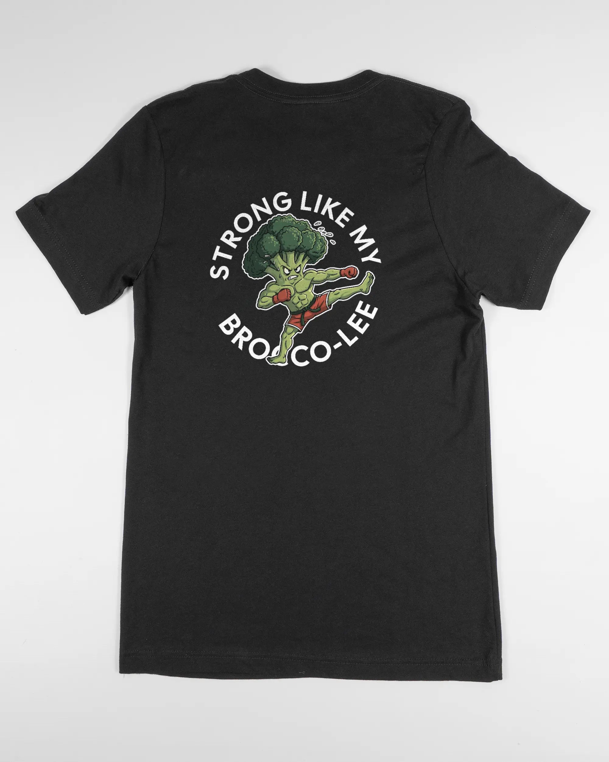 Rückseite des Basic Unisex T-Shirt Light von Maondo mit dem Design Brocco-Lee in der Farbe Black und in der Größe S flach auf den Boden gelegt