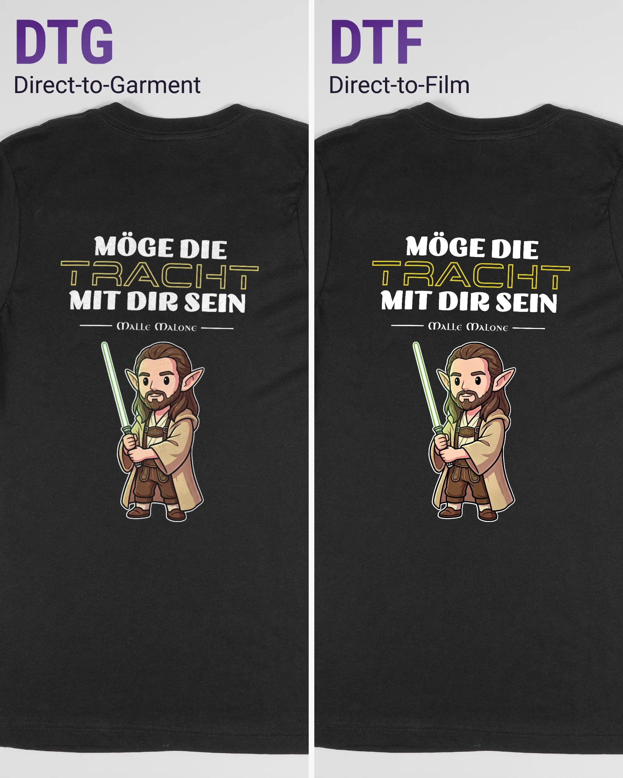 Vergleich der Rückseiten des Basic Unisex T-Shirt Light von Maondo mit dem Design Tracht mit dir in der Farbe Black und in der Größe S links mit dem Direct-to-Garment und rechts mit dem Direct-to-Film Verfahren