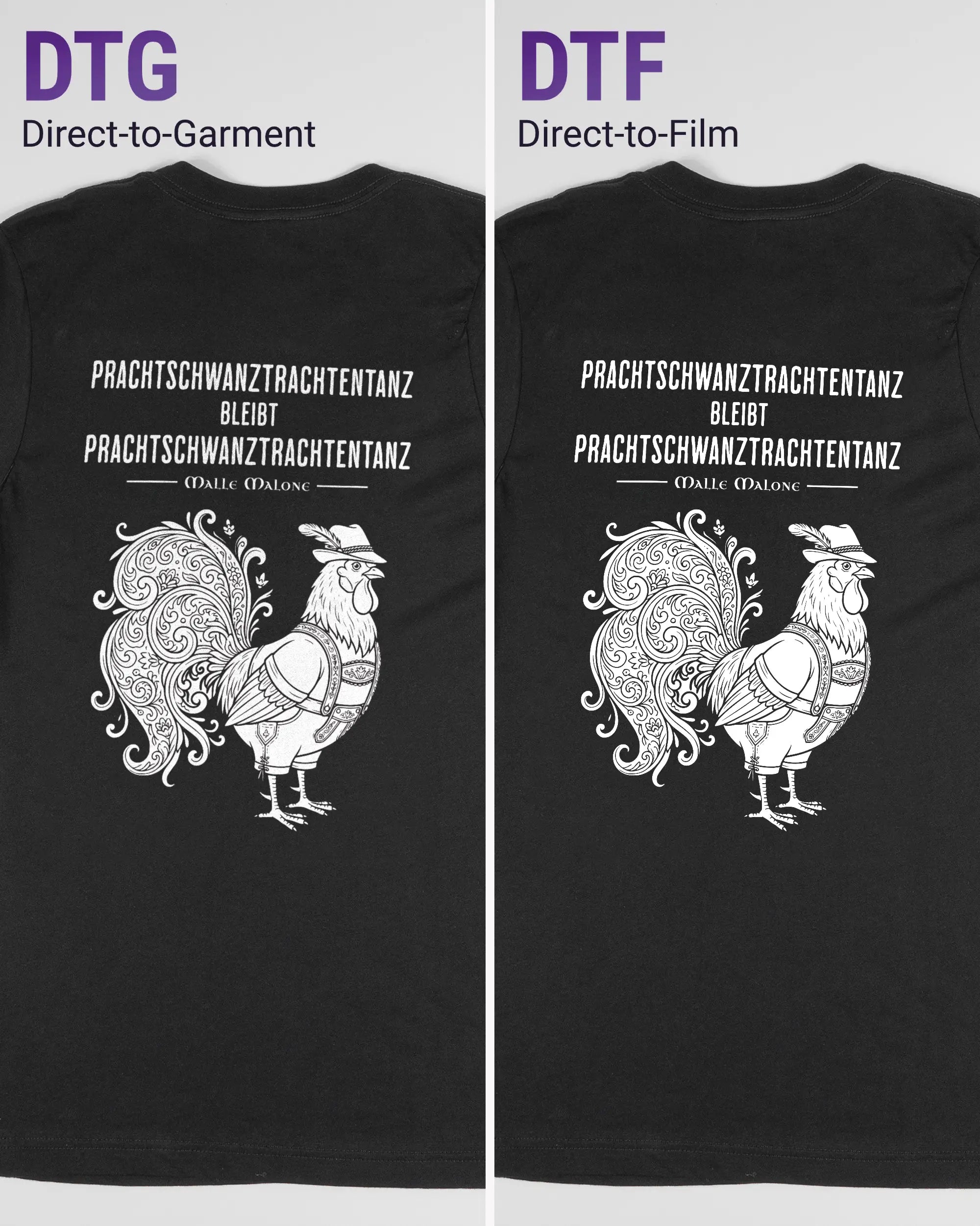 Vergleich der Rückseiten des Basic Unisex T-Shirt Light von Maondo mit dem Design Trachtentanz in der Farbe Black und in der Größe S links mit dem Direct-to-Garment und rechts mit dem Direct-to-Film Verfahren
