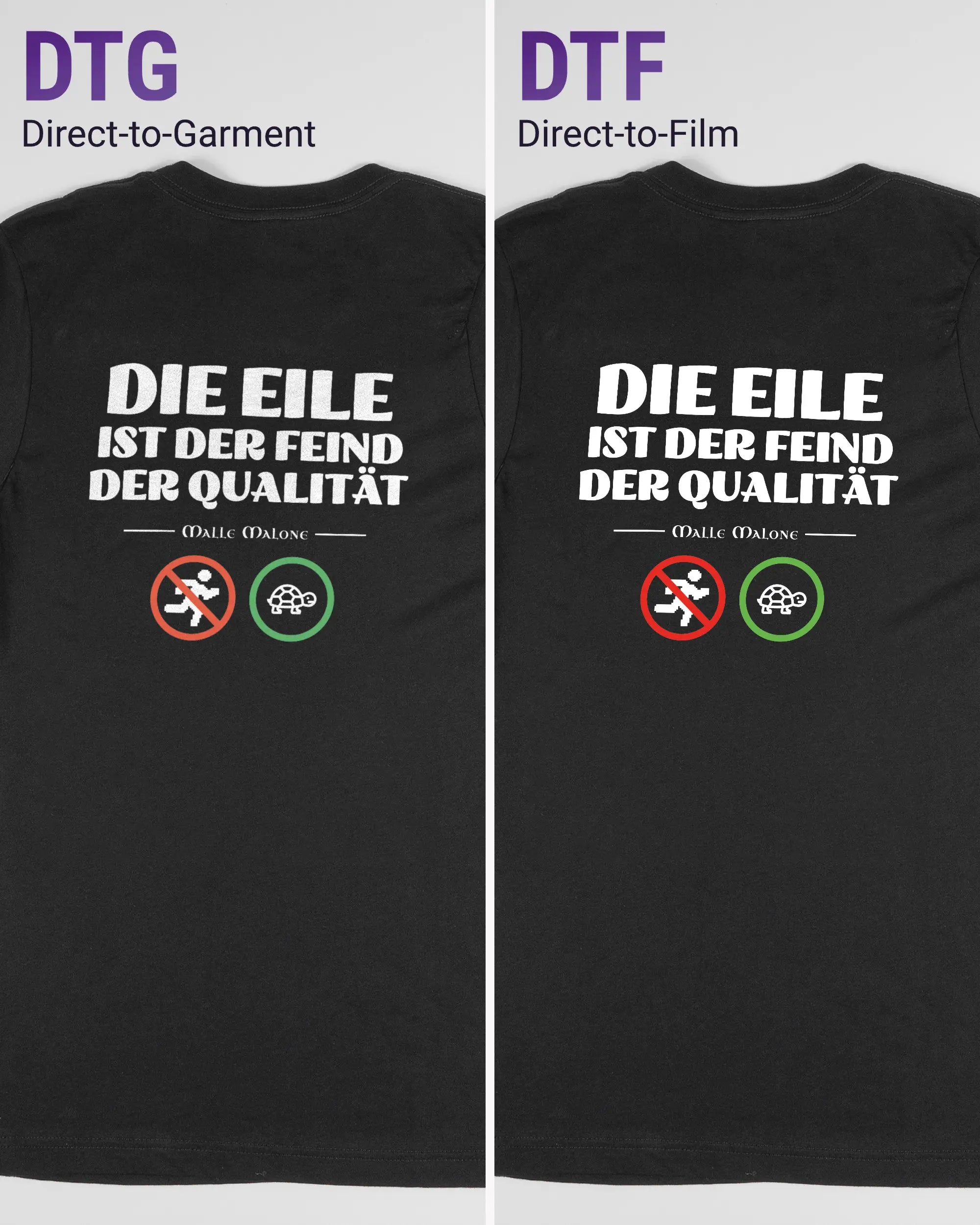 Vergleich der Rückseiten des Basic Unisex T-Shirt Light von Maondo mit dem Design Keine Eile in der Farbe Black und in der Größe S links mit dem Direct-to-Garment und rechts mit dem Direct-to-Film Verfahren