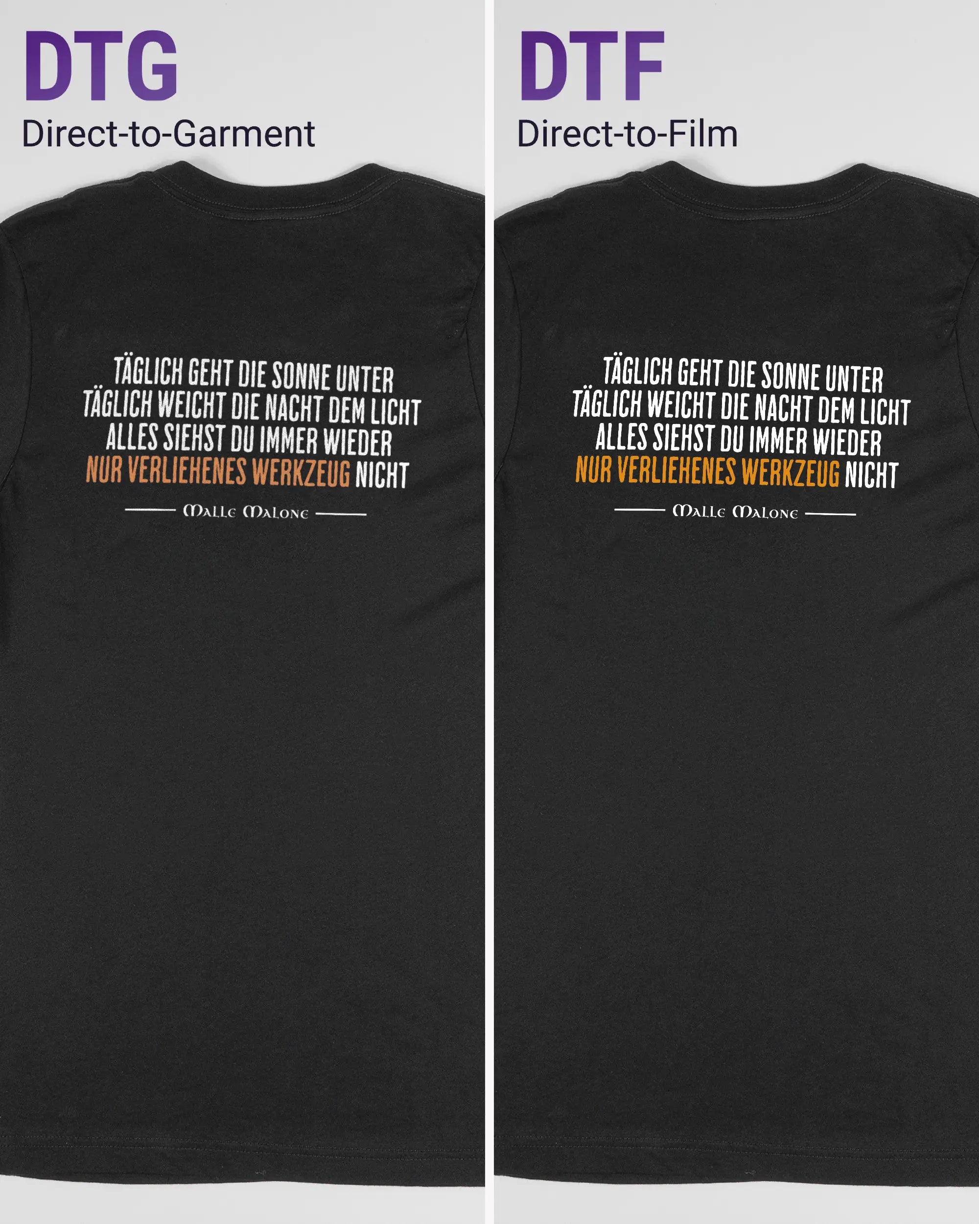 Vergleich der Rückseiten des Basic Unisex T-Shirt Light von Maondo mit dem Design Wegzeug in der Farbe Black und in der Größe S links mit dem Direct-to-Garment und rechts mit dem Direct-to-Film Verfahren