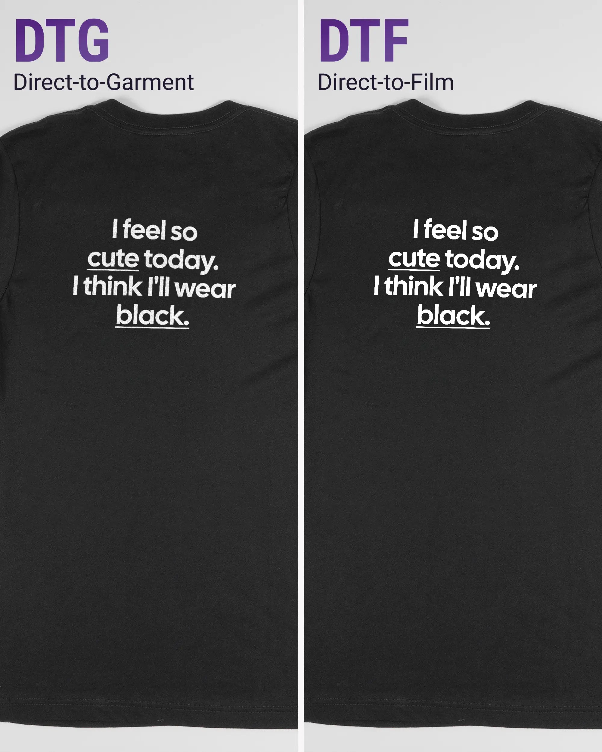 Vergleich der Rückseiten des Basic Unisex T-Shirt Light von Maondo mit dem Design Colorful Day in der Farbe Black und in der Größe S links mit dem Direct-to-Garment und rechts mit dem Direct-to-Film Verfahren