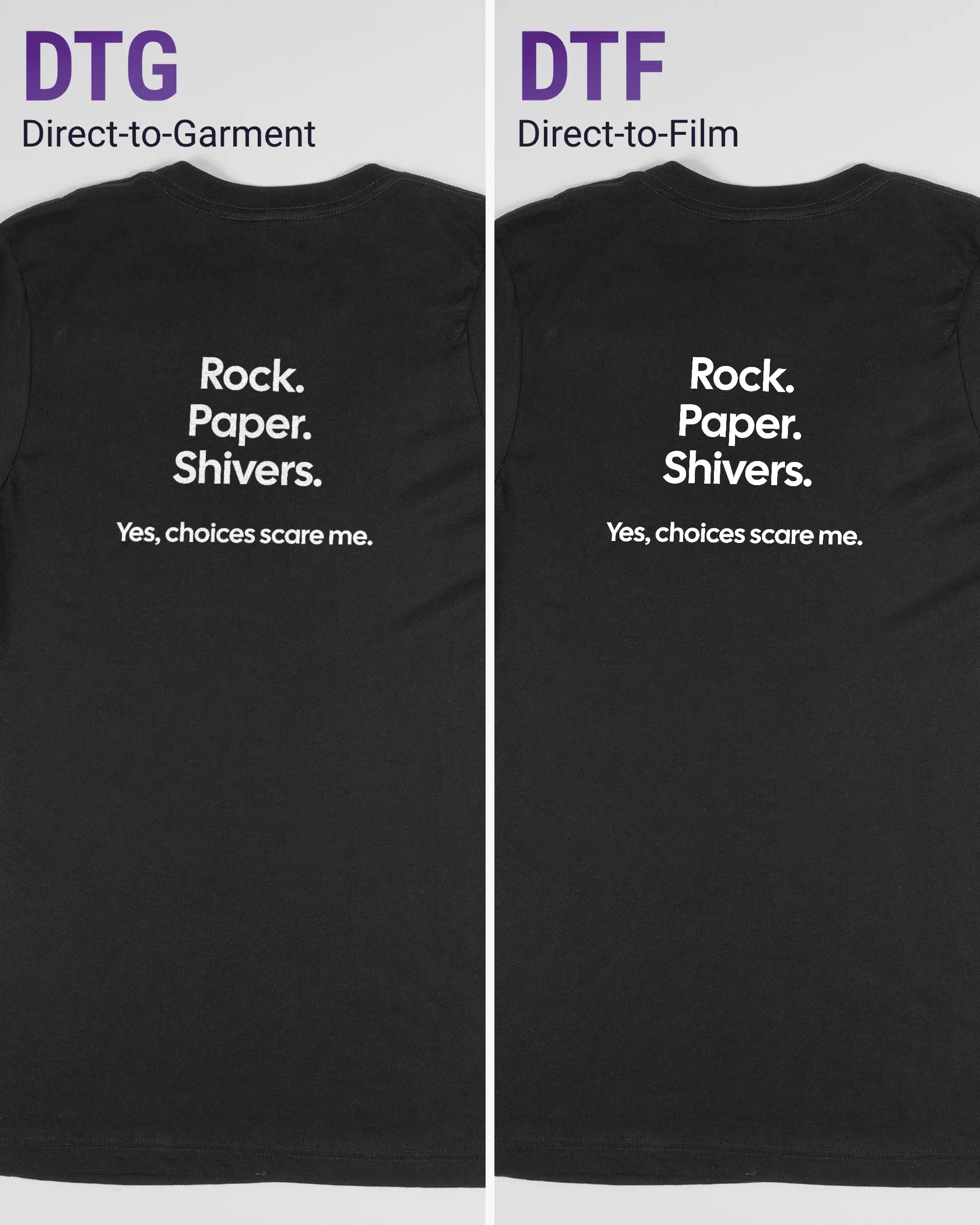 Vergleich der Rückseiten des Basic Unisex T-Shirt Light von Maondo mit dem Design Rock Paper Shivers in der Farbe Black und in der Größe S links mit dem Direct-to-Garment und rechts mit dem Direct-to-Film Verfahren