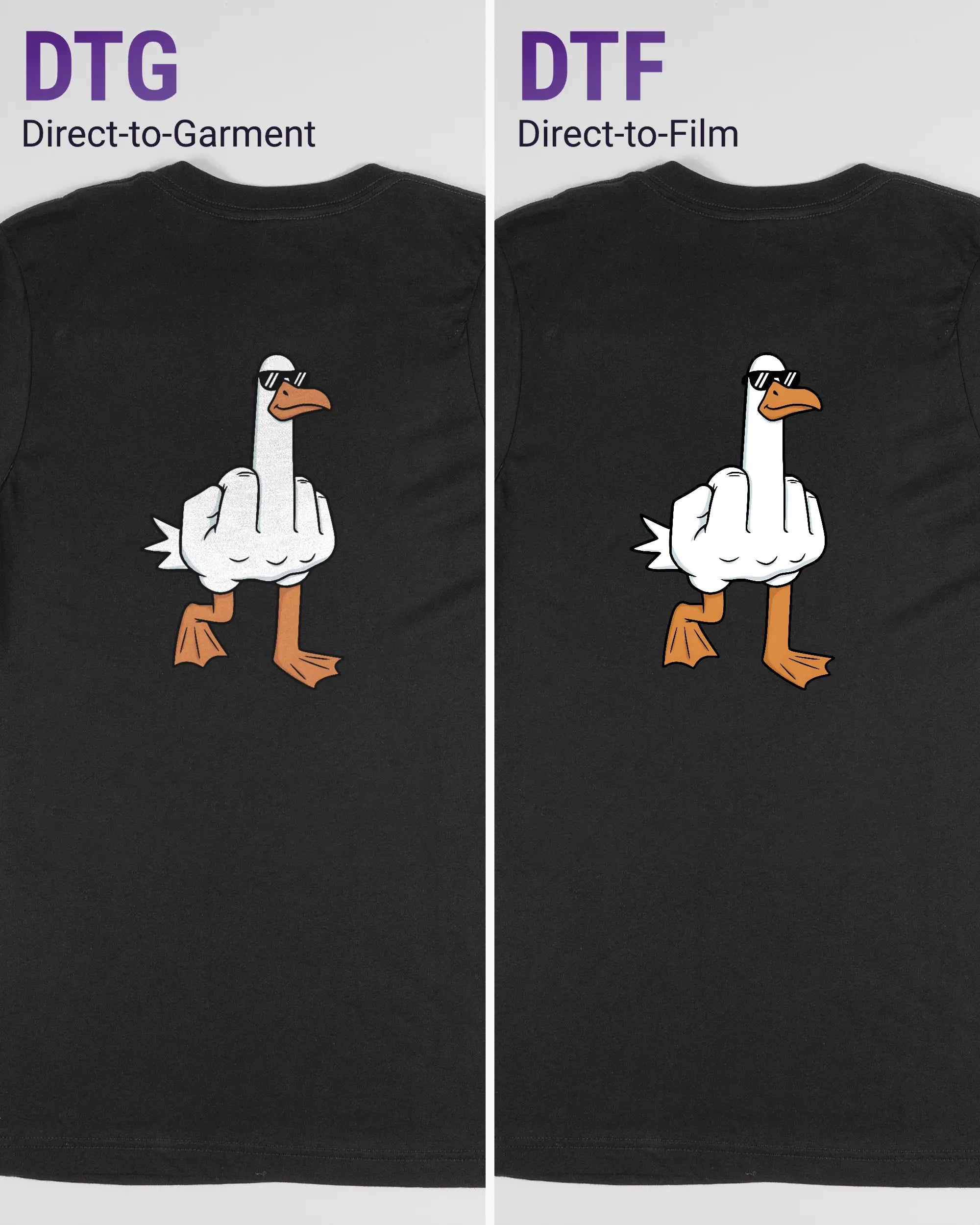 Vergleich der Rückseiten des Basic Unisex T-Shirt Light von Maondo mit dem Design I give a duck in der Farbe Black und in der Größe S links mit dem Direct-to-Garment und rechts mit dem Direct-to-Film Verfahren