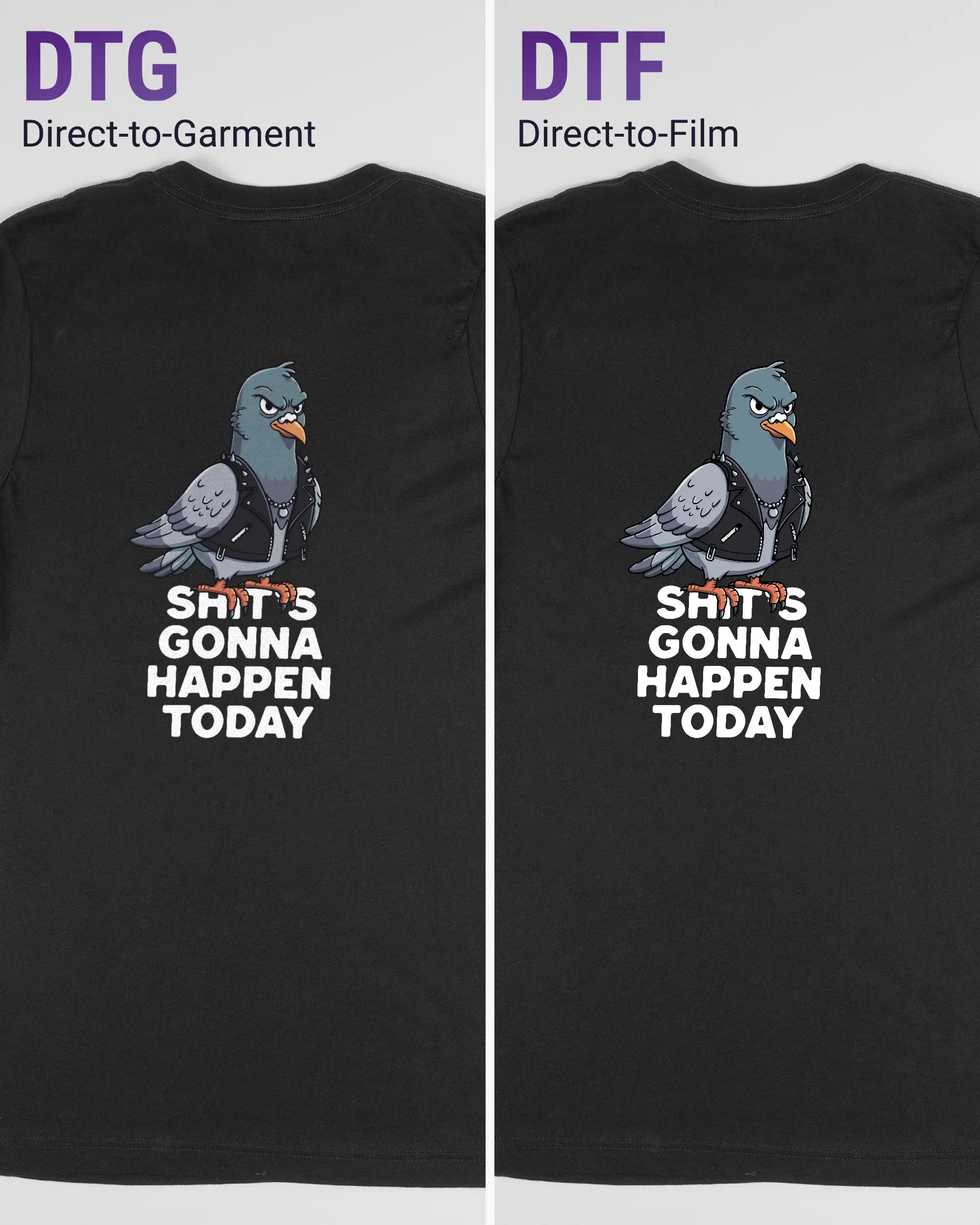Vergleich der Rückseiten des Basic Unisex T-Shirt Light von Maondo mit dem Design Pigeon Pun in der Farbe Black und in der Größe S links mit dem Direct-to-Garment und rechts mit dem Direct-to-Film Verfahren