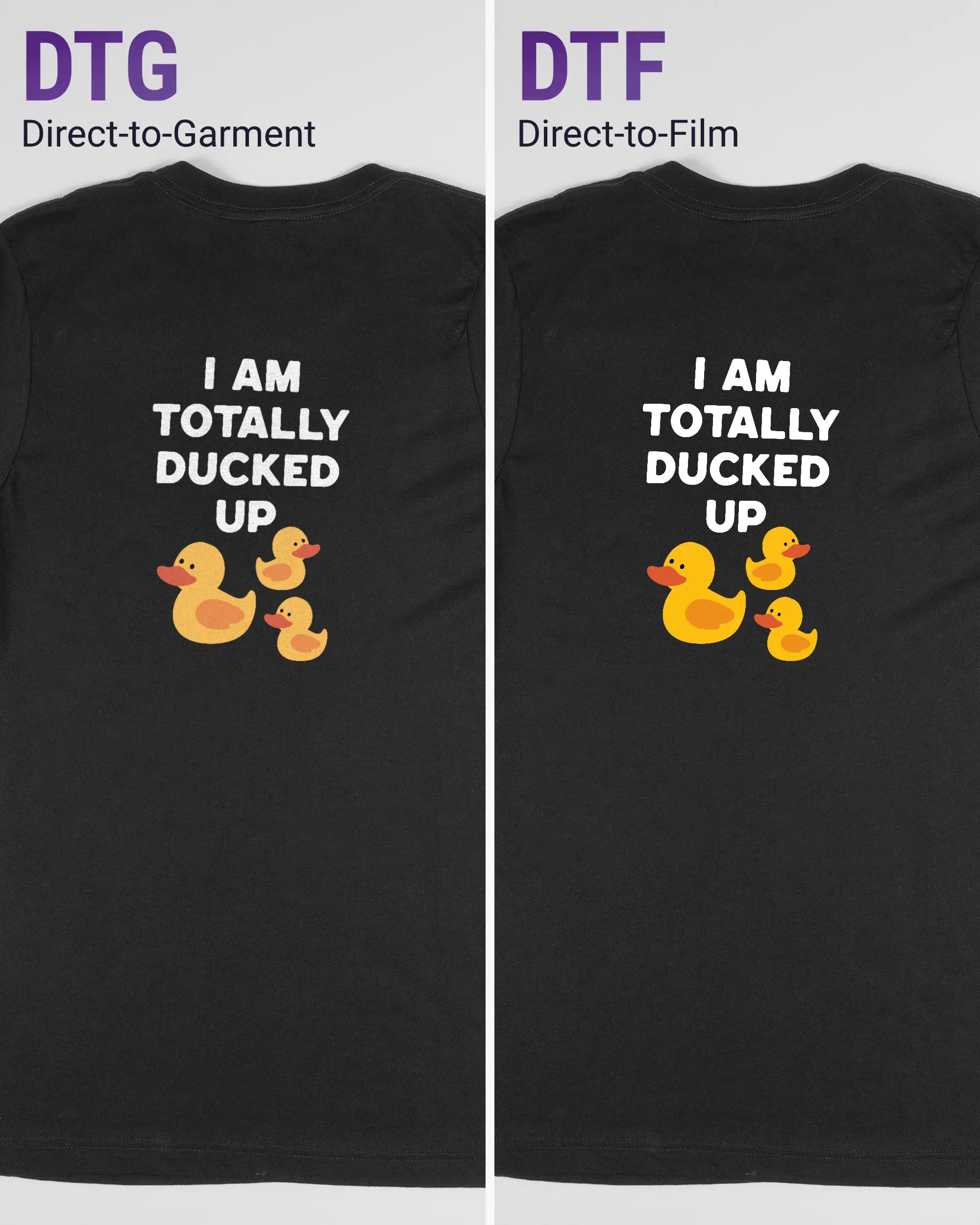 Vergleich der Rückseiten des Basic Unisex T-Shirt Light von Maondo mit dem Design Ducked Up in der Farbe Black und in der Größe S links mit dem Direct-to-Garment und rechts mit dem Direct-to-Film Verfahren