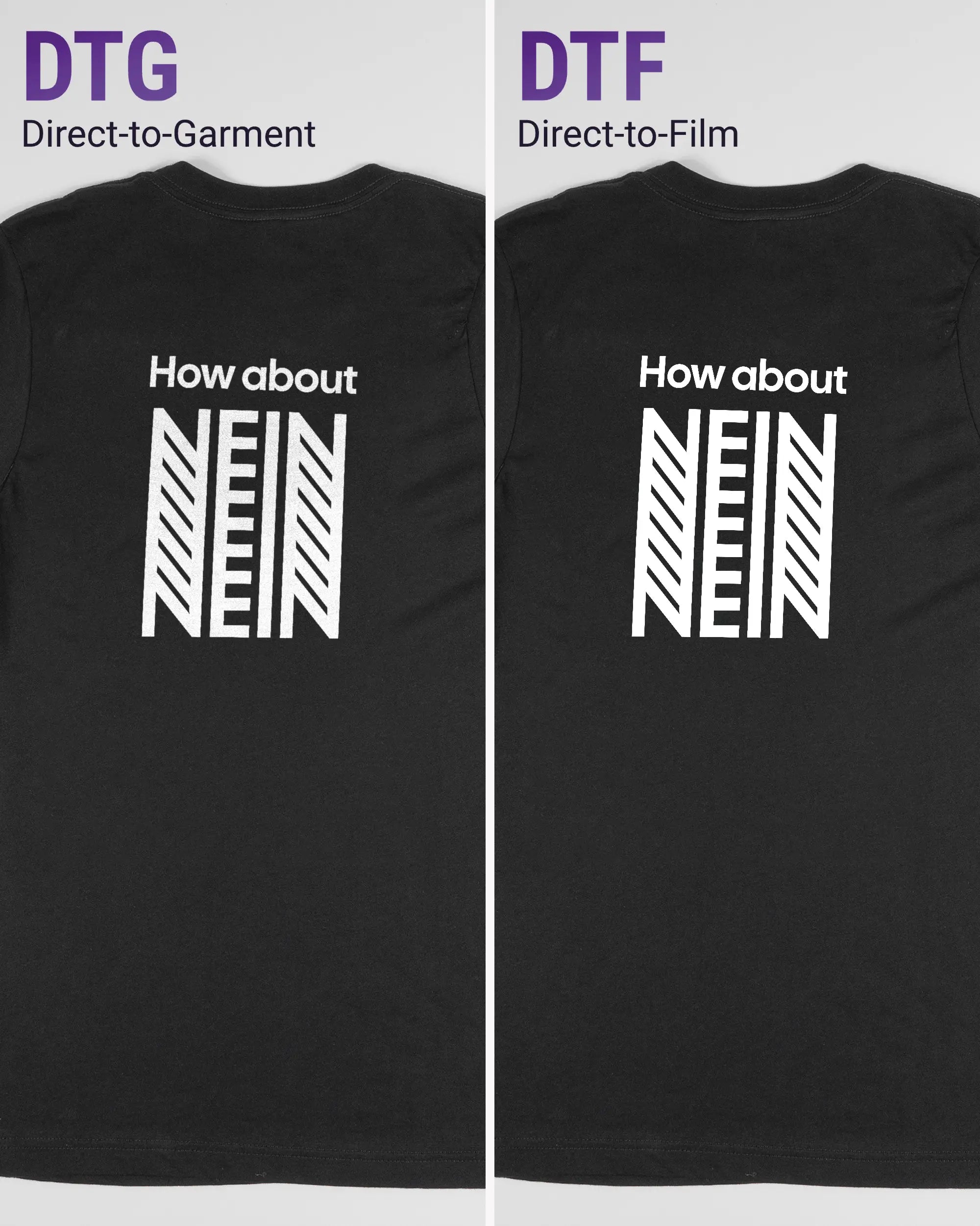 Vergleich der Rückseiten des Basic Unisex T-Shirt Light von Maondo mit dem Design How about nein in der Farbe Black und in der Größe S links mit dem Direct-to-Garment und rechts mit dem Direct-to-Film Verfahren