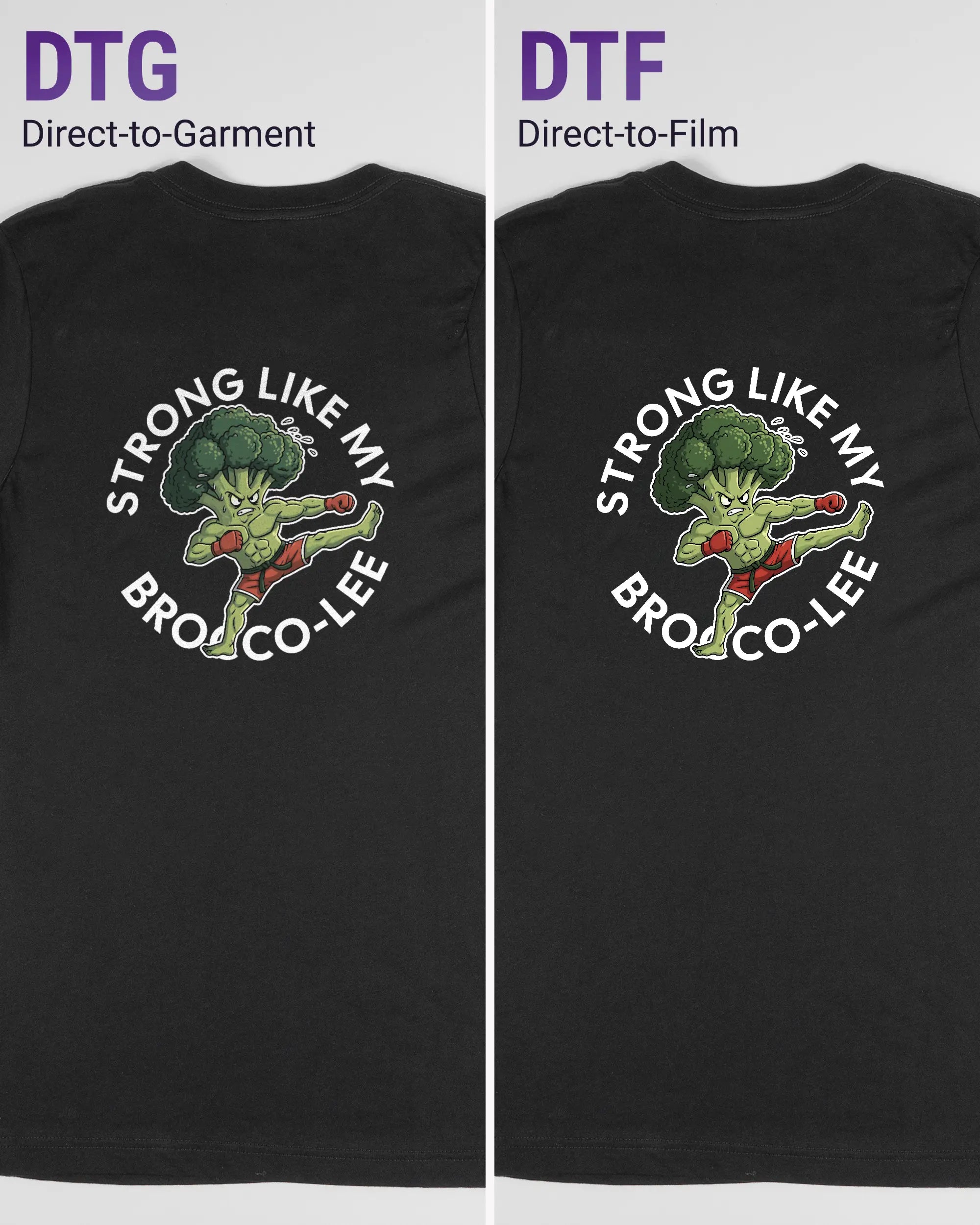 Vergleich der Rückseiten des Basic Unisex T-Shirt Light von Maondo mit dem Design Brocco-Lee in der Farbe Black und in der Größe S links mit dem Direct-to-Garment und rechts mit dem Direct-to-Film Verfahren
