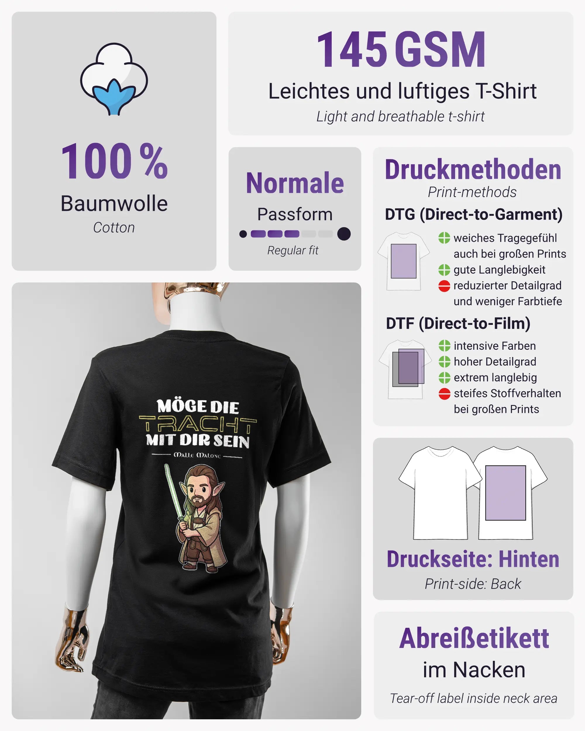 Produktinformationsblatt des Basic Unisex T-Shirt Light von Maondo mit dem Design Tracht mit dir hinten in der Farbe Black und in der Größe S