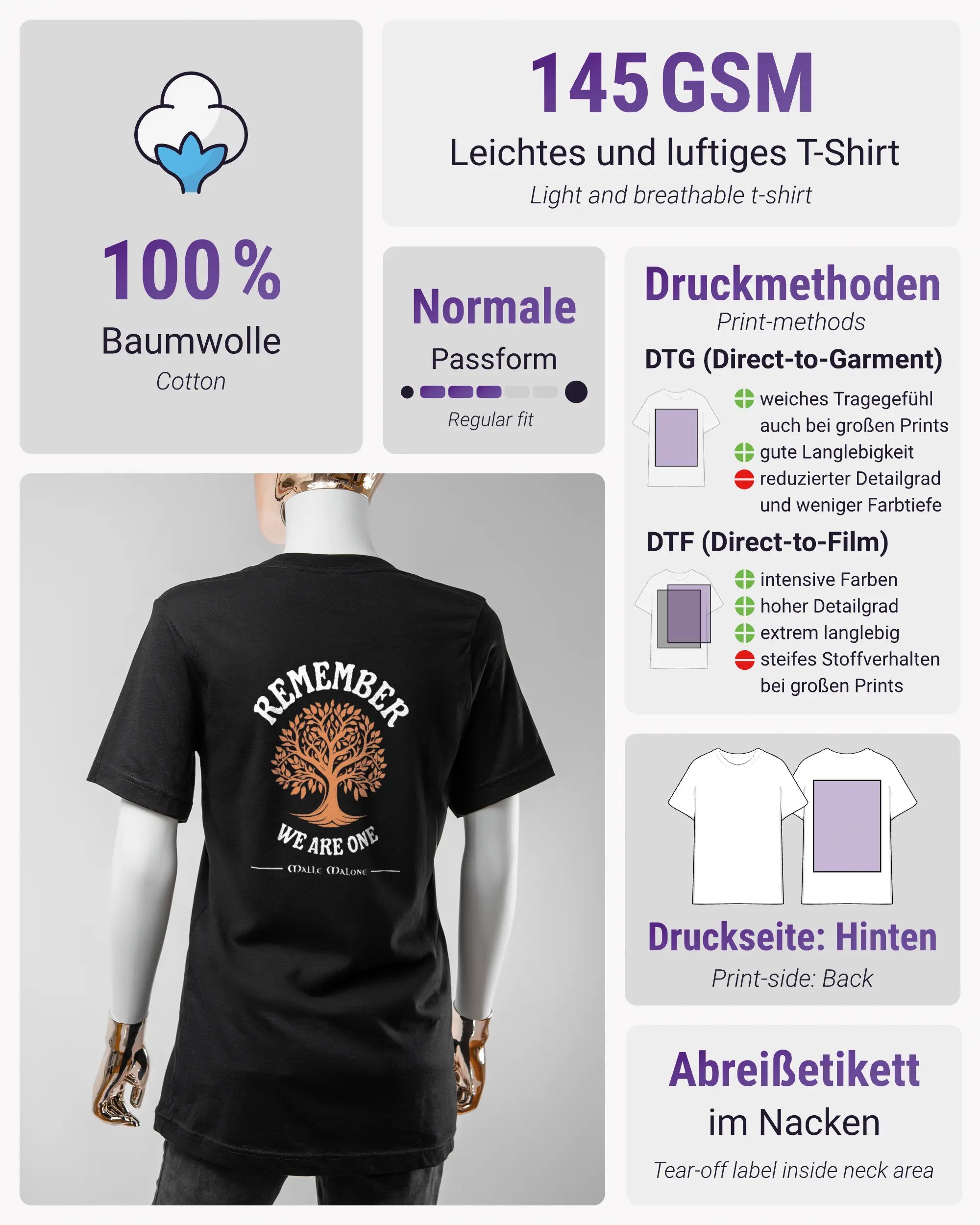 Produktinformationsblatt des Basic Unisex T-Shirt Light von Maondo mit dem Design We are one hinten in der Farbe Black und in der Größe S