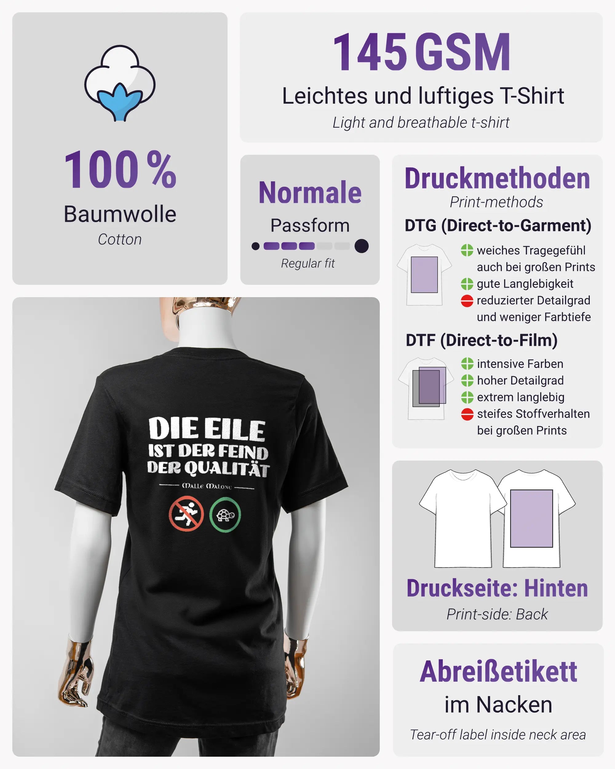 Produktinformationsblatt des Basic Unisex T-Shirt Light von Maondo mit dem Design Keine Eile hinten in der Farbe Black und in der Größe S