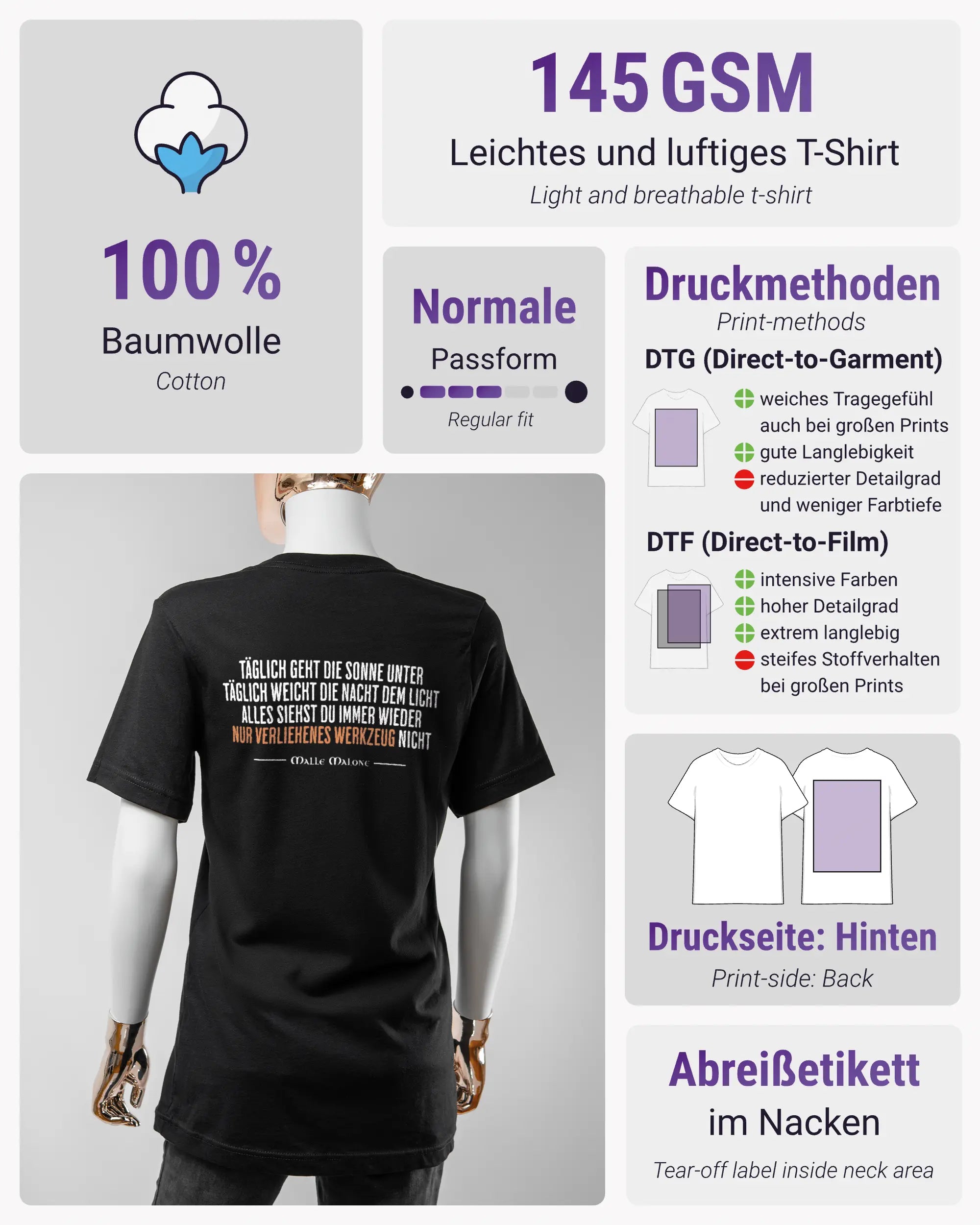 Produktinformationsblatt des Basic Unisex T-Shirt Light von Maondo mit dem Design Wegzeug hinten in der Farbe Black und in der Größe S
