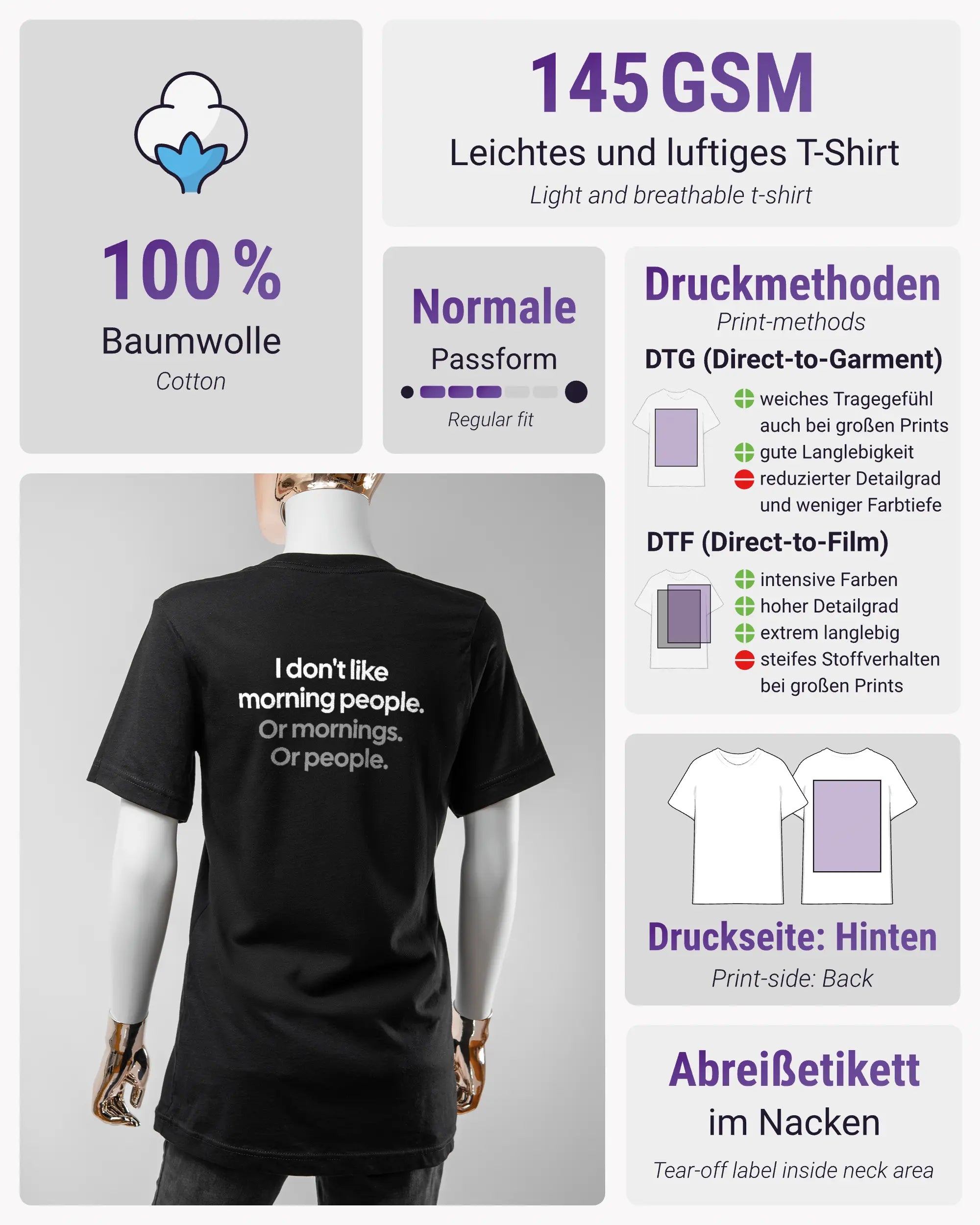 Produktinformationsblatt des Basic Unisex T-Shirt Light von Maondo mit dem Design Morning Person hinten in der Farbe Black und in der Größe S