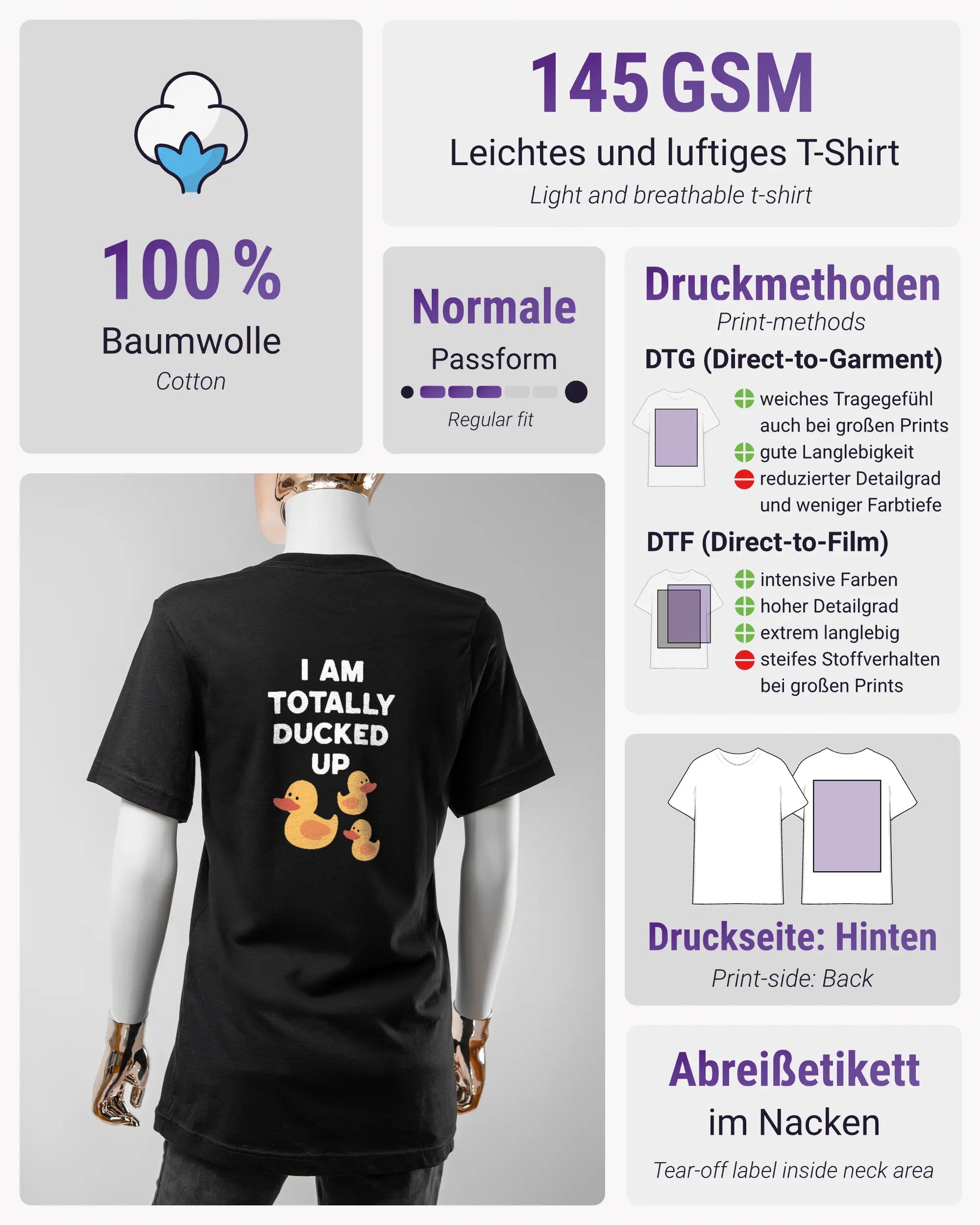 Produktinformationsblatt des Basic Unisex T-Shirt Light von Maondo mit dem Design Ducked Up hinten in der Farbe Black und in der Größe S