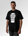 Primärer Modelshot der Druckseite des Organic Unisex T-Shirts von Maondo im Oversized Fit mit dem Design Einfach Anfangen in der Farbe Black