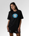 Sekundärer Modelshot der Druckseite des Organic Unisex T-Shirts von Maondo im Oversized Fit mit dem Design Blaumachen in der Farbe Black