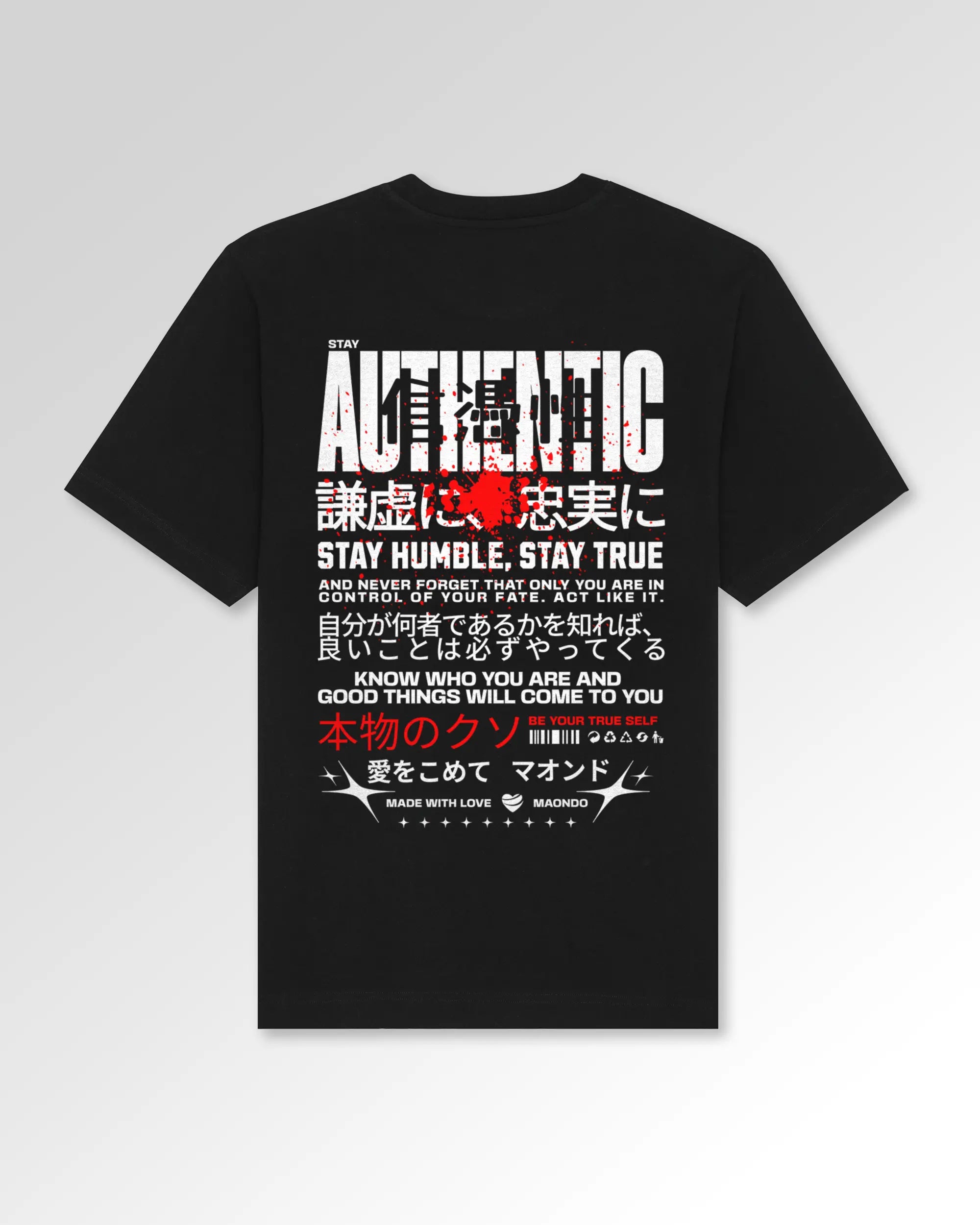 Packshot der sekundären Druckseite des Organic Unisex T-Shirts von Maondo im Oversized Fit mit dem Design Authentic Shit in der Farbe Black