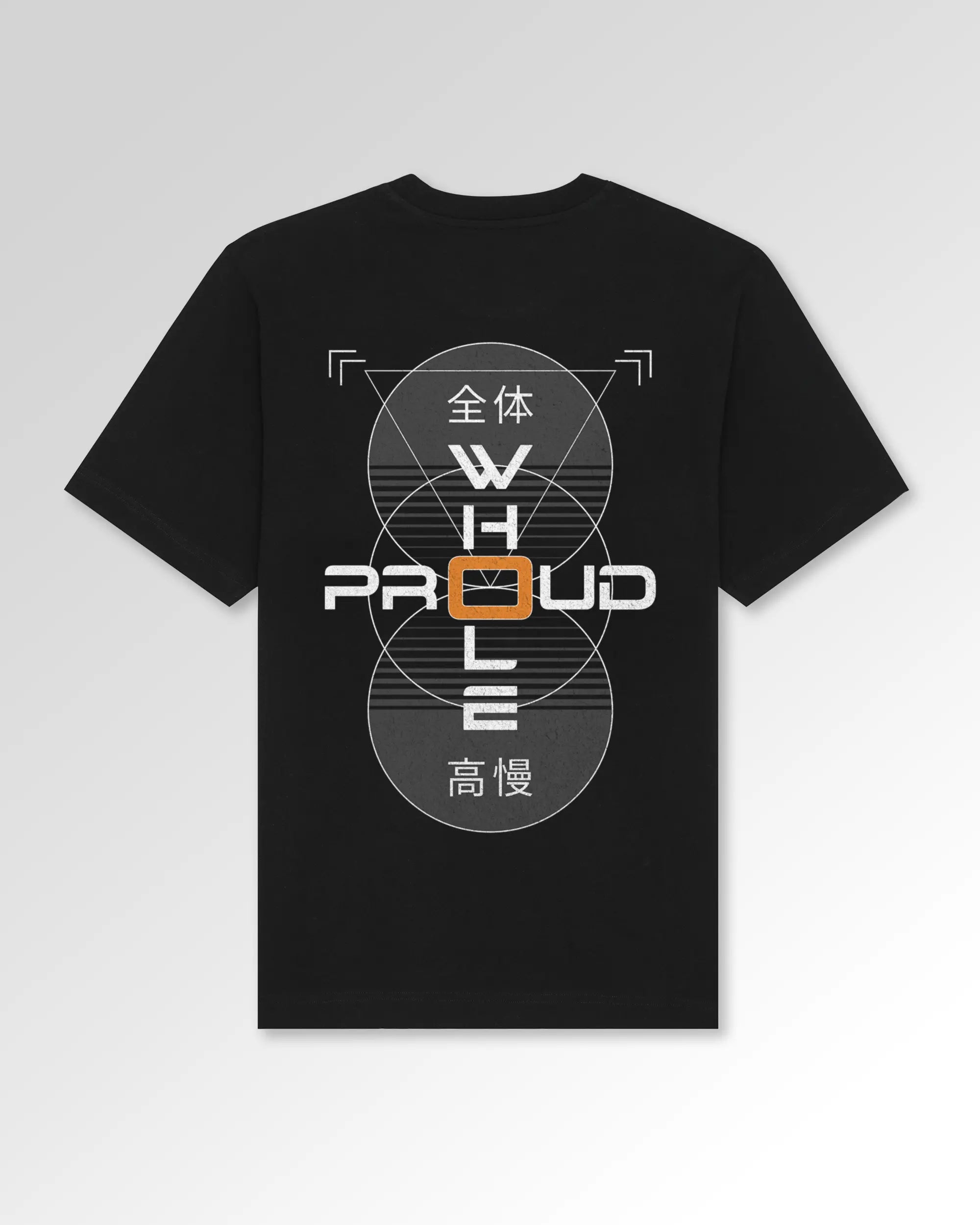 Packshot der sekundären Druckseite des Organic Unisex T-Shirts von Maondo im Oversized Fit mit dem Design Whole and proud in der Farbe Black