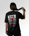 Weiblicher Modelshot der sekundären Druckseite des Organic Unisex T-Shirts von Maondo im Oversized Fit mit dem Design Authentic Shit in der Farbe Black