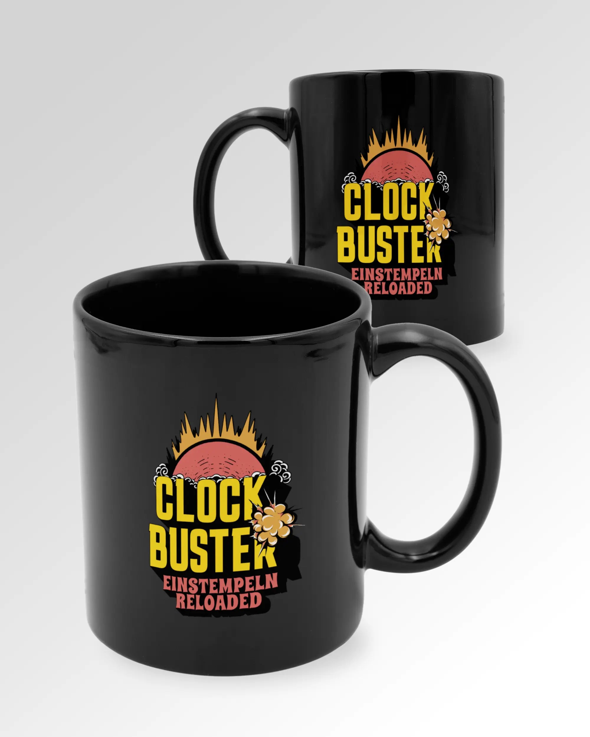 Variantenbild der beidseitig bedruckten Keramik Tasse von Maondo mit dem Design Clockbuster in der Farbe Schwarz