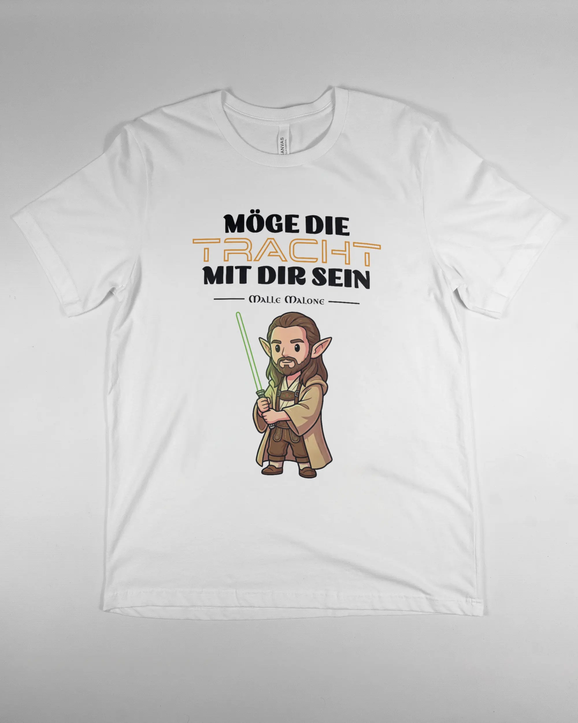 Vorderseite des Basic Unisex T-Shirt Light von Maondo mit dem Design Tracht mit dir in der Farbe White und in der Größe L flach auf den Boden gelegt