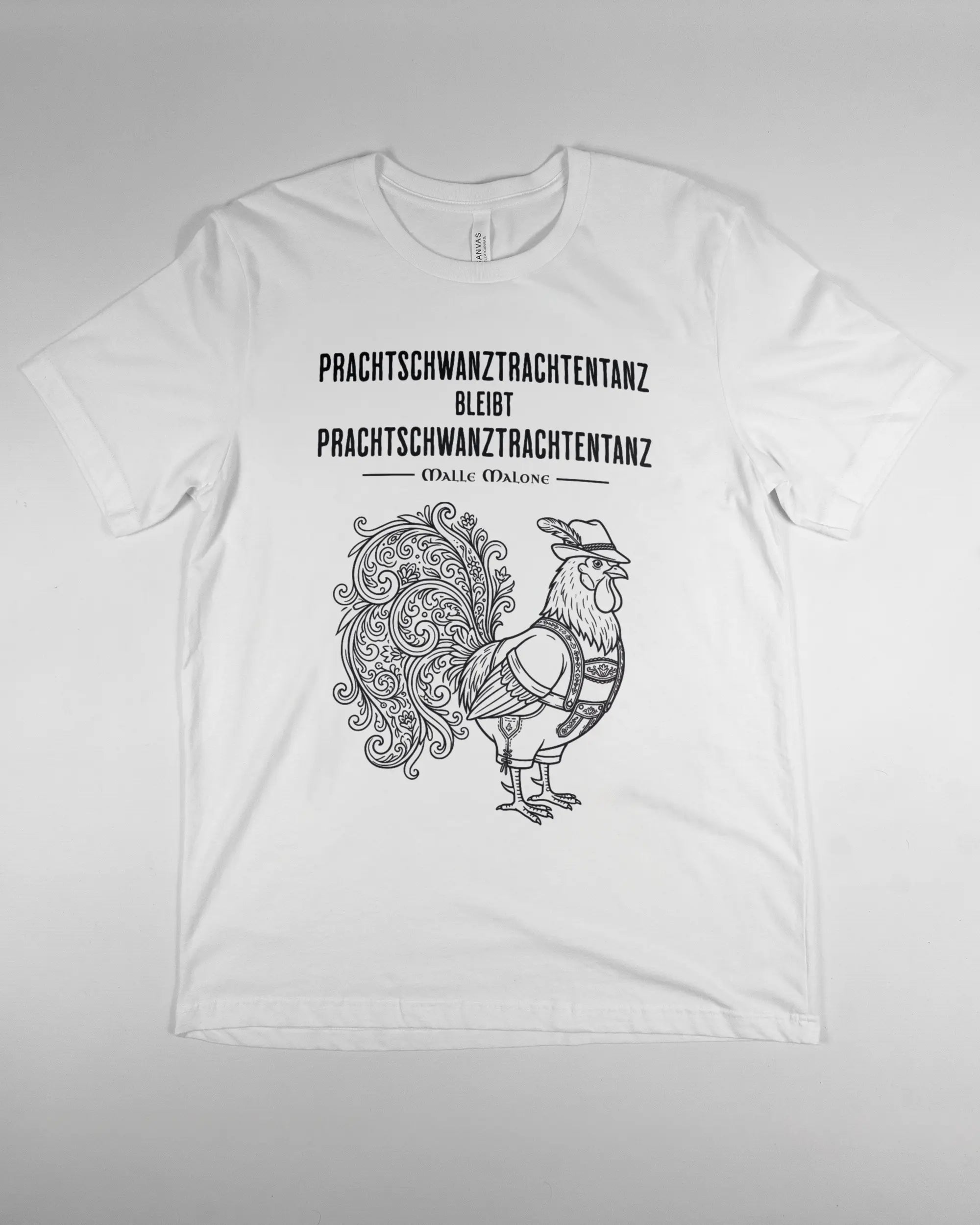 Vorderseite des Basic Unisex T-Shirt Light von Maondo mit dem Design Trachtentanz in der Farbe White und in der Größe L flach auf den Boden gelegt
