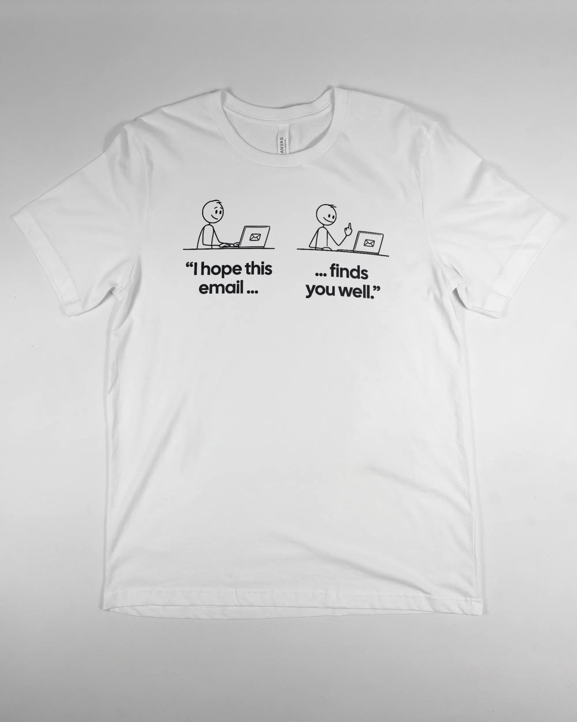 Vorderseite des Basic Unisex T-Shirt Light von Maondo mit dem Design Found me not well in der Farbe White und in der Größe L flach auf den Boden gelegt