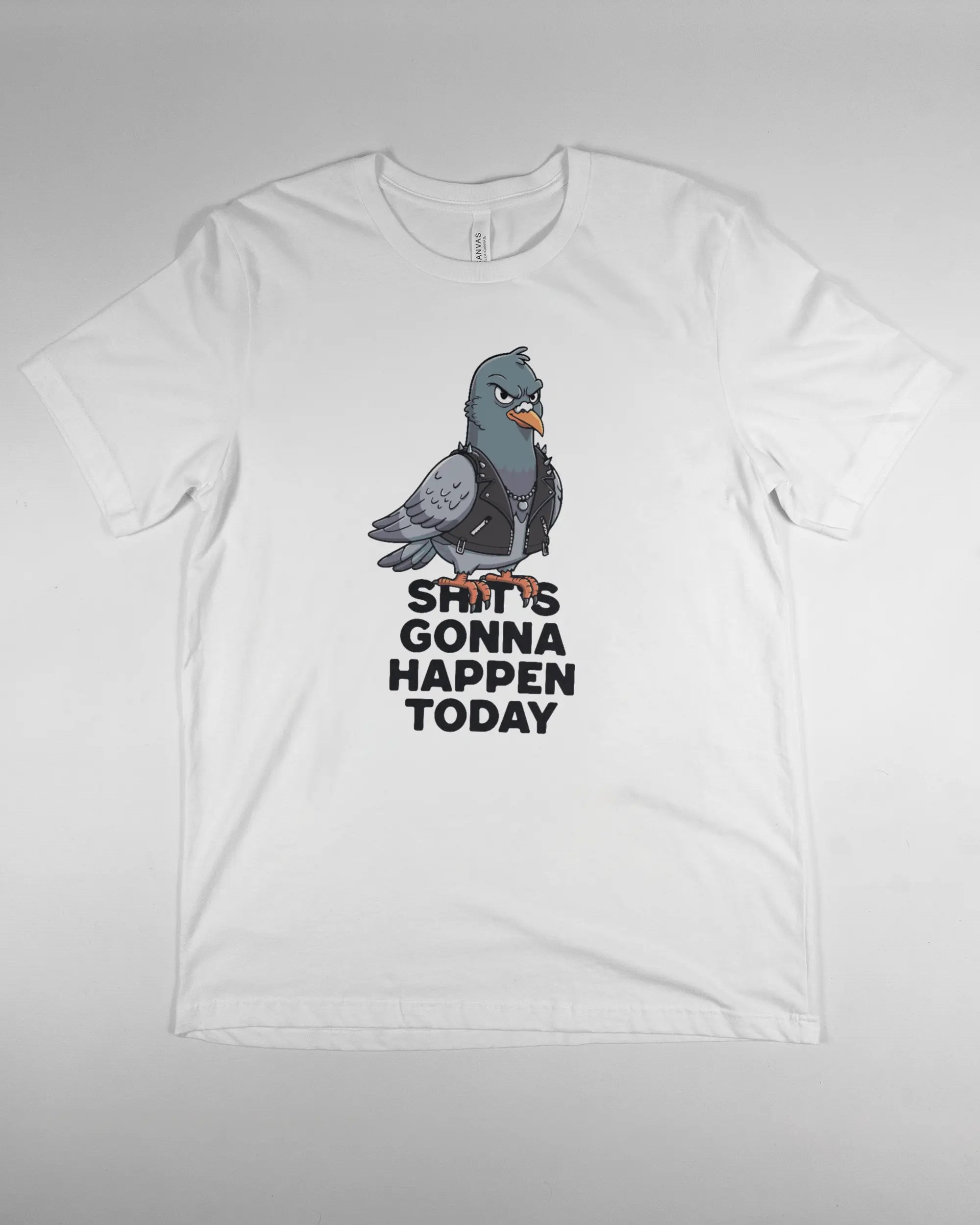Vorderseite des Basic Unisex T-Shirt Light von Maondo mit dem Design Pigeon Pun in der Farbe White und in der Größe L flach auf den Boden gelegt