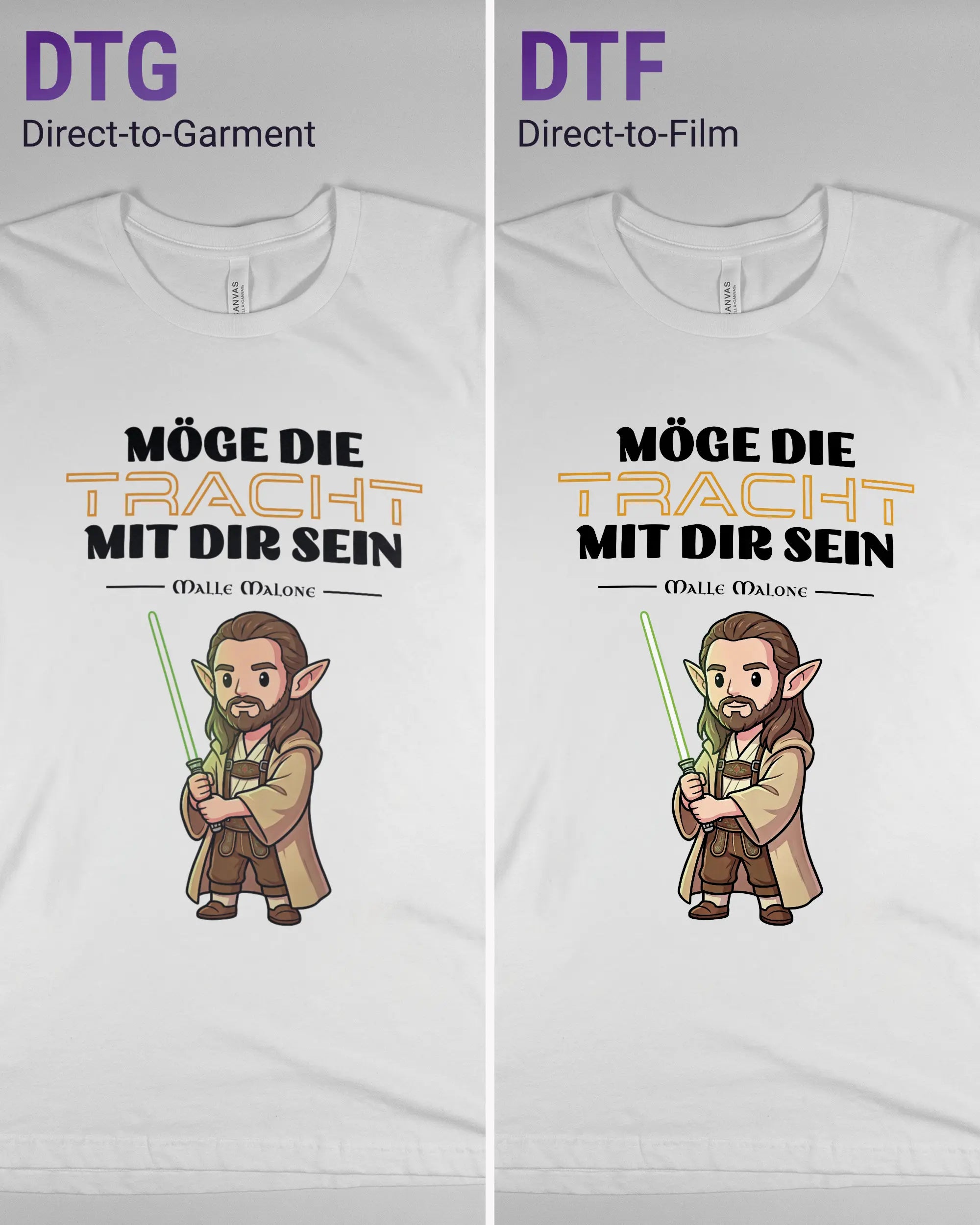 Vergleich der Vorderseiten des Basic Unisex T-Shirt Light von Maondo mit dem Design Tracht mit dir in der Farbe White und in der Größe L links mit dem Direct-to-Garment und rechts mit dem Direct-to-Film Verfahren