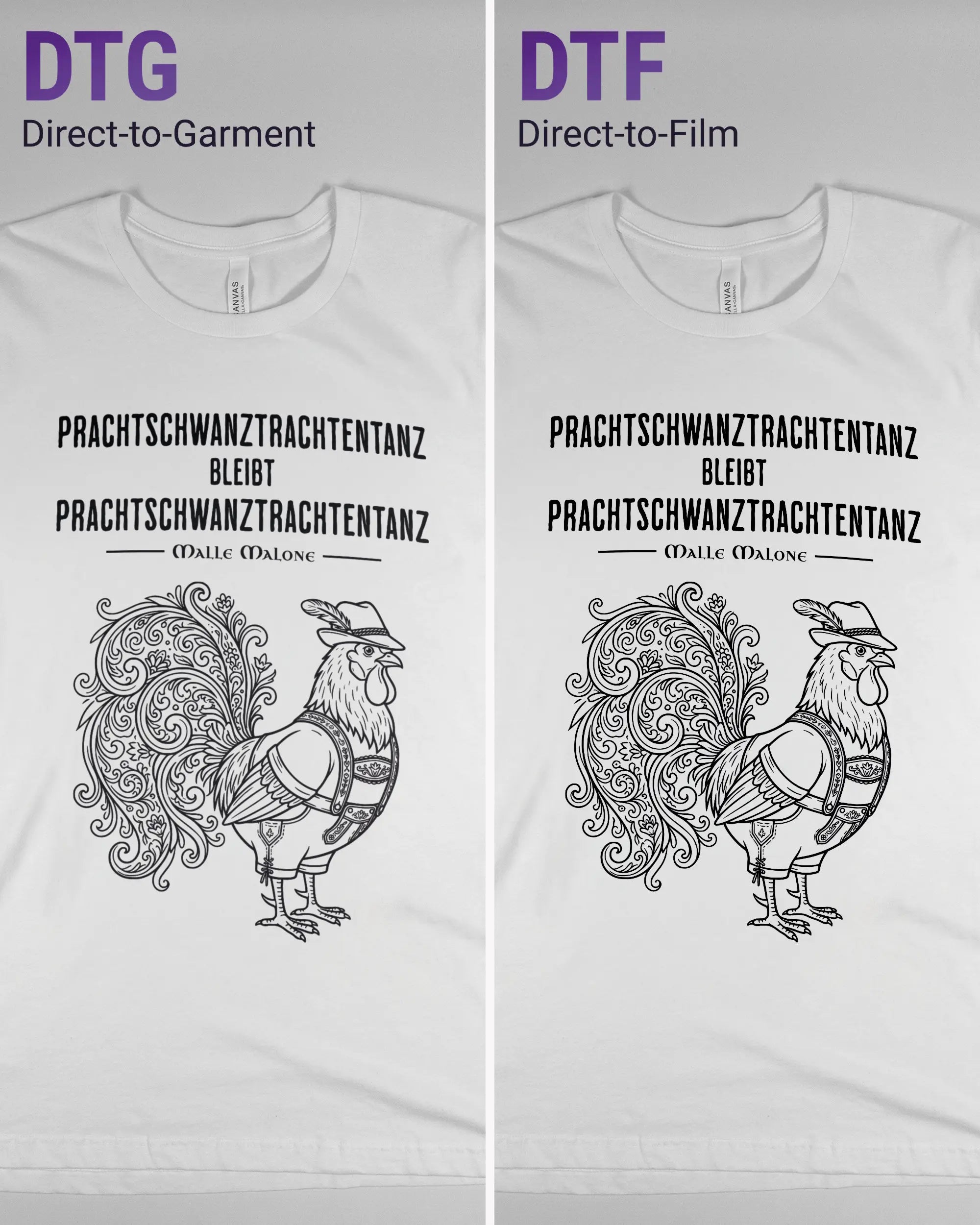 Vergleich der Vorderseiten des Basic Unisex T-Shirt Light von Maondo mit dem Design Trachtentanz in der Farbe White und in der Größe L links mit dem Direct-to-Garment und rechts mit dem Direct-to-Film Verfahren
