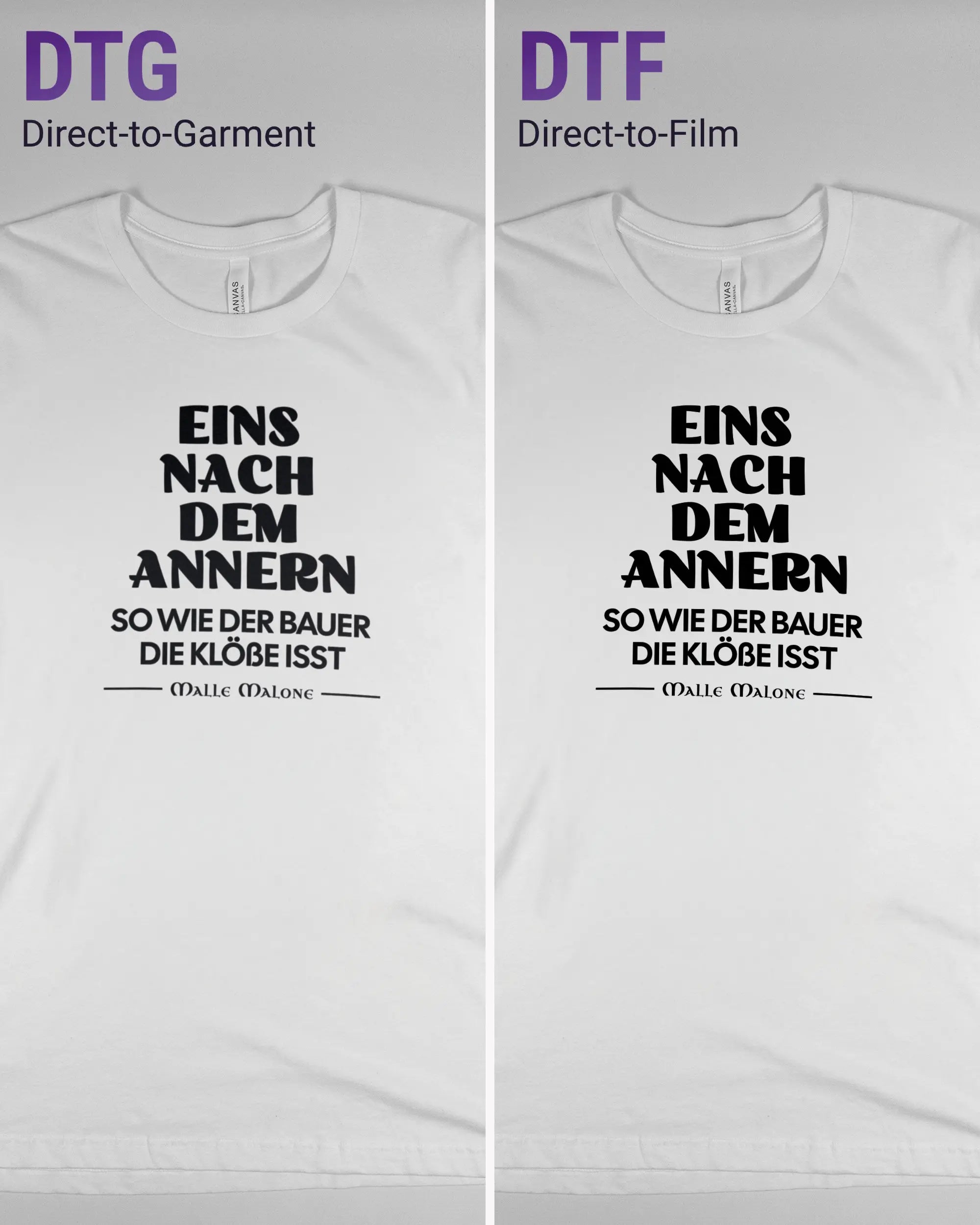 Vergleich der Vorderseiten des Basic Unisex T-Shirt Light von Maondo mit dem Design Eins nach dem Annern in der Farbe White und in der Größe L links mit dem Direct-to-Garment und rechts mit dem Direct-to-Film Verfahren