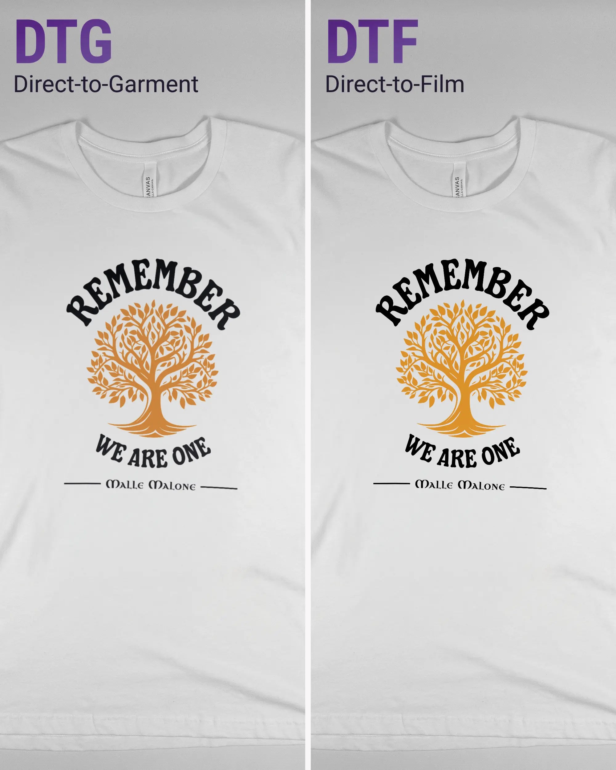 Vergleich der Vorderseiten des Basic Unisex T-Shirt Light von Maondo mit dem Design We are one in der Farbe White und in der Größe L links mit dem Direct-to-Garment und rechts mit dem Direct-to-Film Verfahren