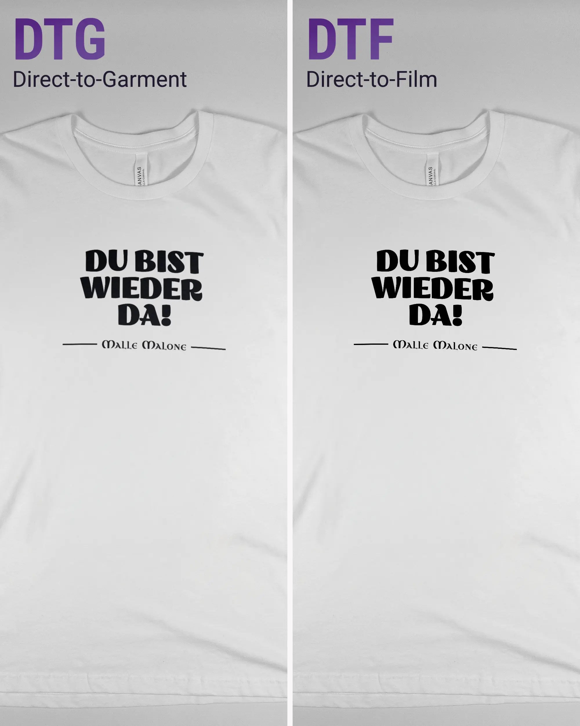 Vergleich der Vorderseiten des Basic Unisex T-Shirt Light von Maondo mit dem Design Wieder da in der Farbe White und in der Größe L links mit dem Direct-to-Garment und rechts mit dem Direct-to-Film Verfahren