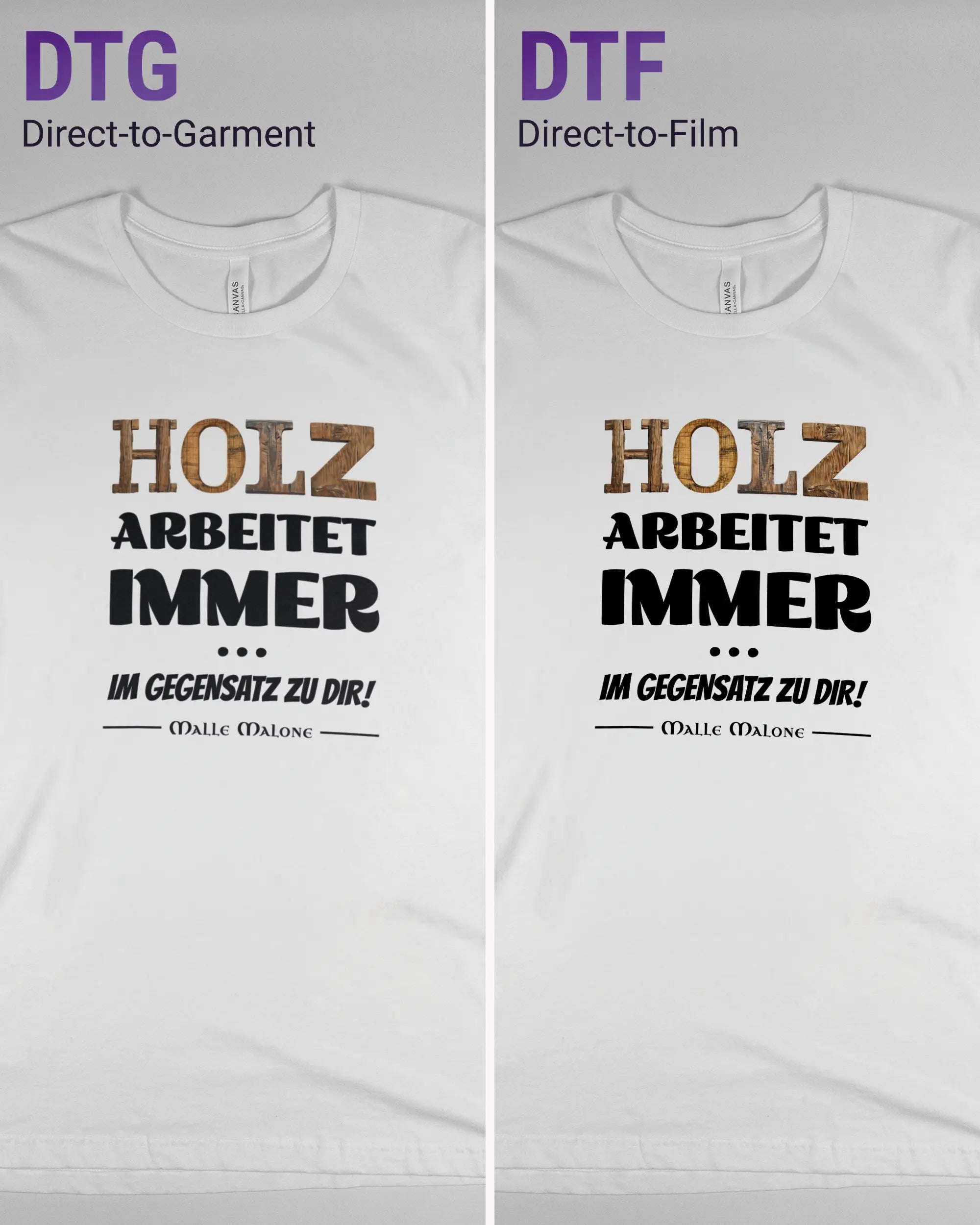 Vergleich der Vorderseiten des Basic Unisex T-Shirt Light von Maondo mit dem Design Holzarbeit in der Farbe White und in der Größe L links mit dem Direct-to-Garment und rechts mit dem Direct-to-Film Verfahren