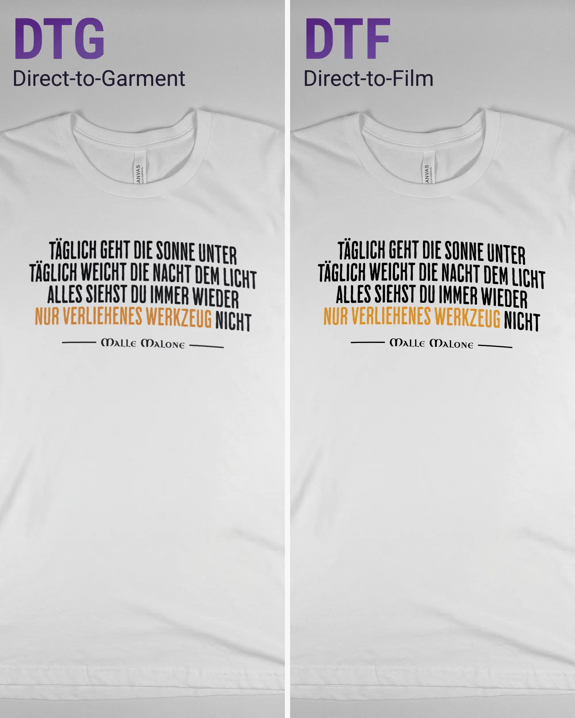 Vergleich der Vorderseiten des Basic Unisex T-Shirt Light von Maondo mit dem Design Wegzeug in der Farbe White und in der Größe L links mit dem Direct-to-Garment und rechts mit dem Direct-to-Film Verfahren