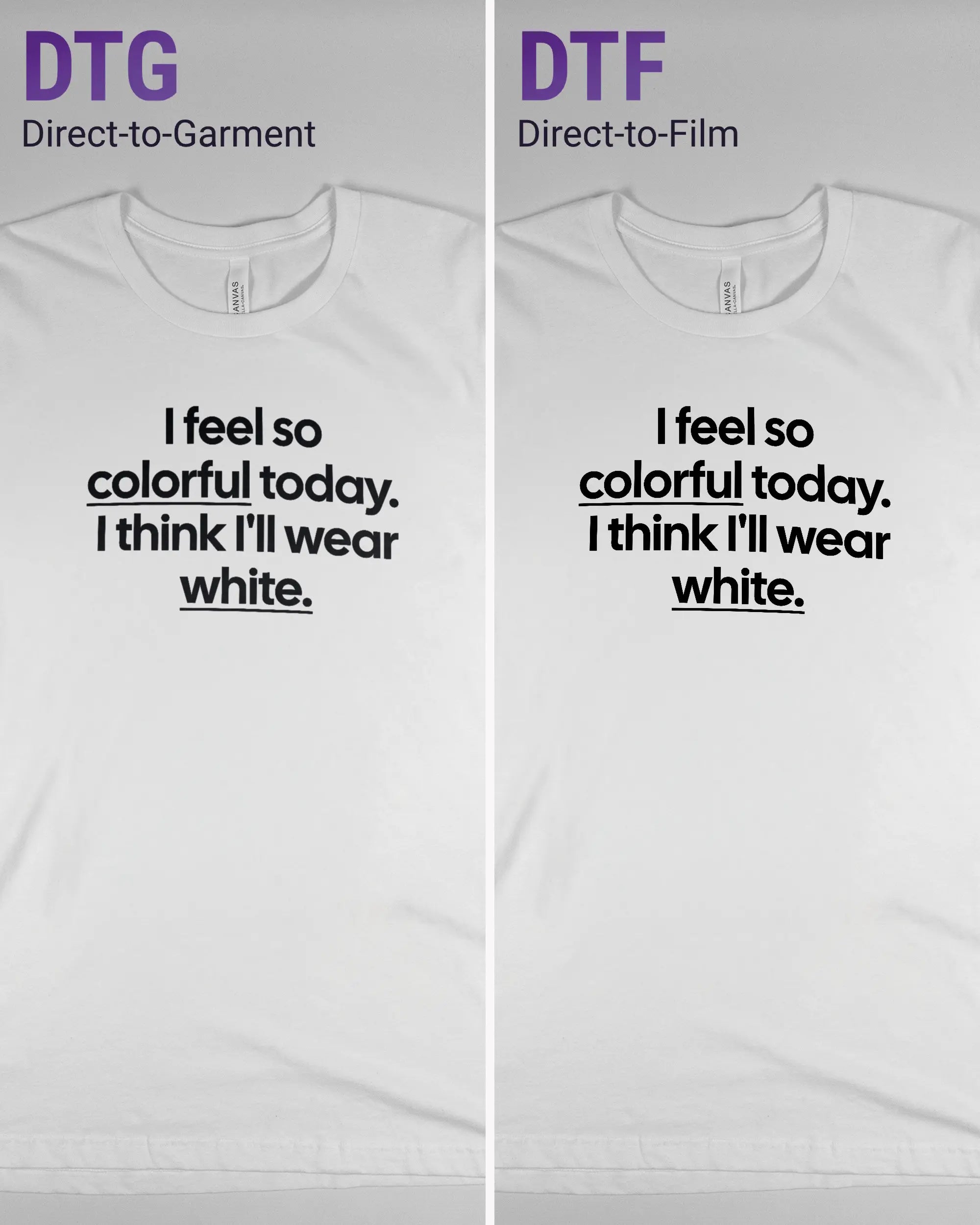 Vergleich der Vorderseiten des Basic Unisex T-Shirt Light von Maondo mit dem Design Colorful Day in der Farbe White und in der Größe L links mit dem Direct-to-Garment und rechts mit dem Direct-to-Film Verfahren